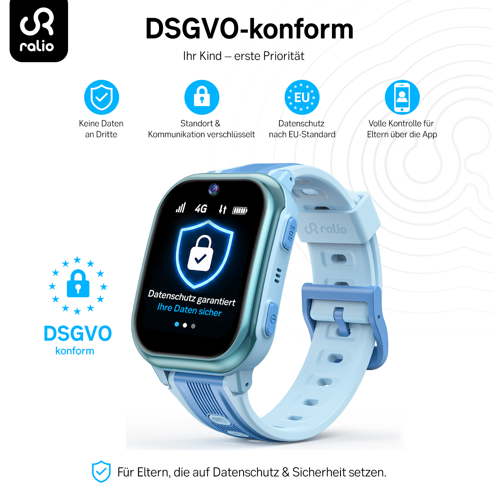 Eine blaue Kinder-Smartwatch mit DSGVO-konformen Funktionen.