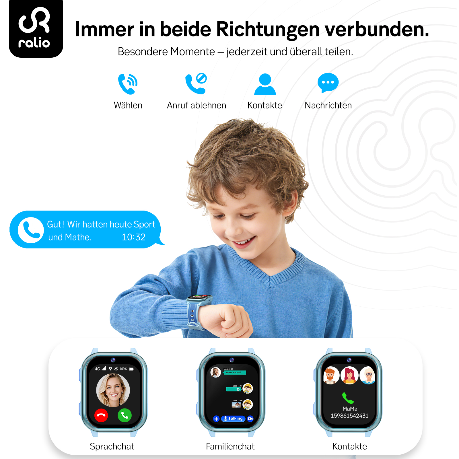 Ein Junge trägt eine Smartwatch, die Anrufe, Chat und Kontakte zeigt.