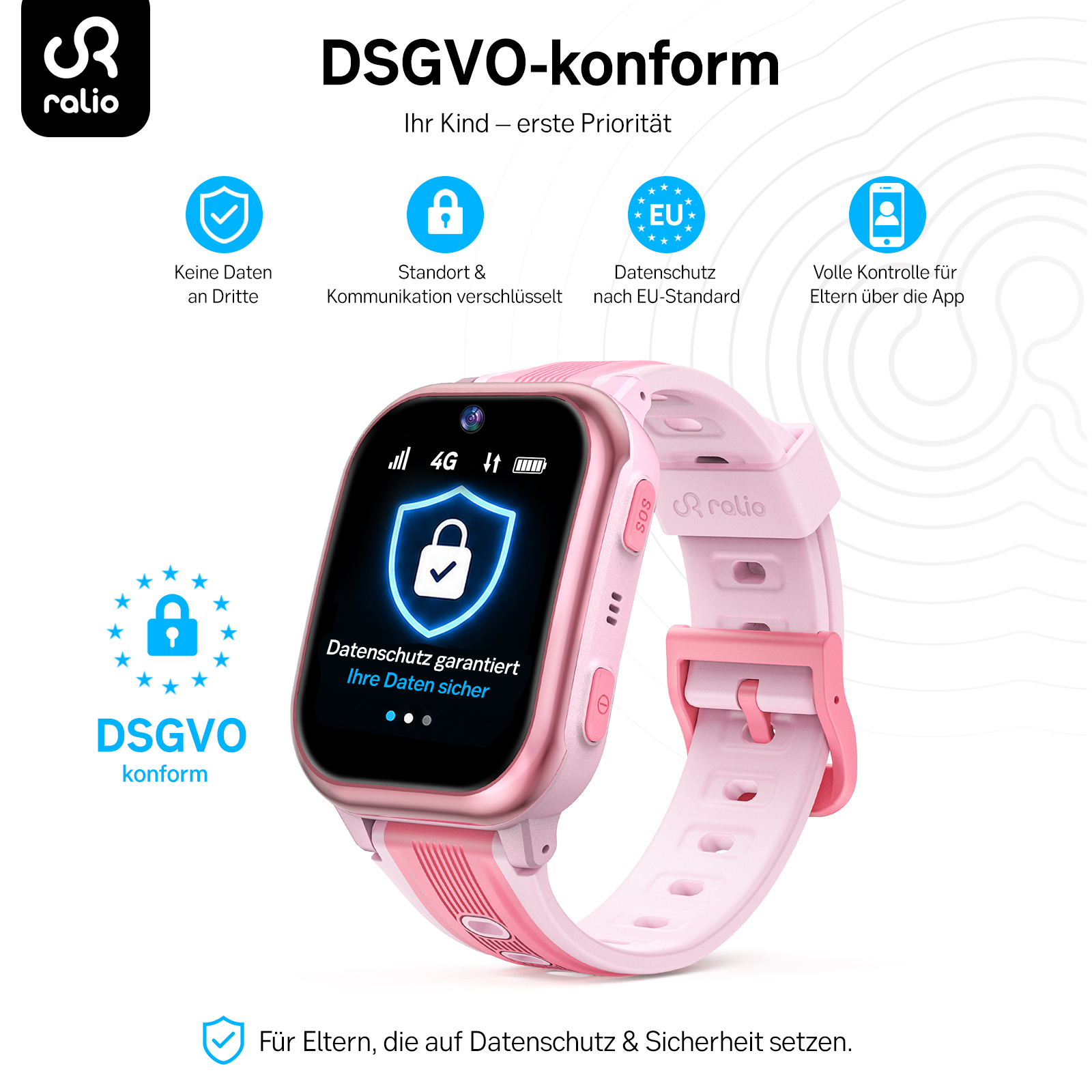 Rosafarbene Kinder Smartwatch mit DSGVO-Konform-Symbolen und Text.