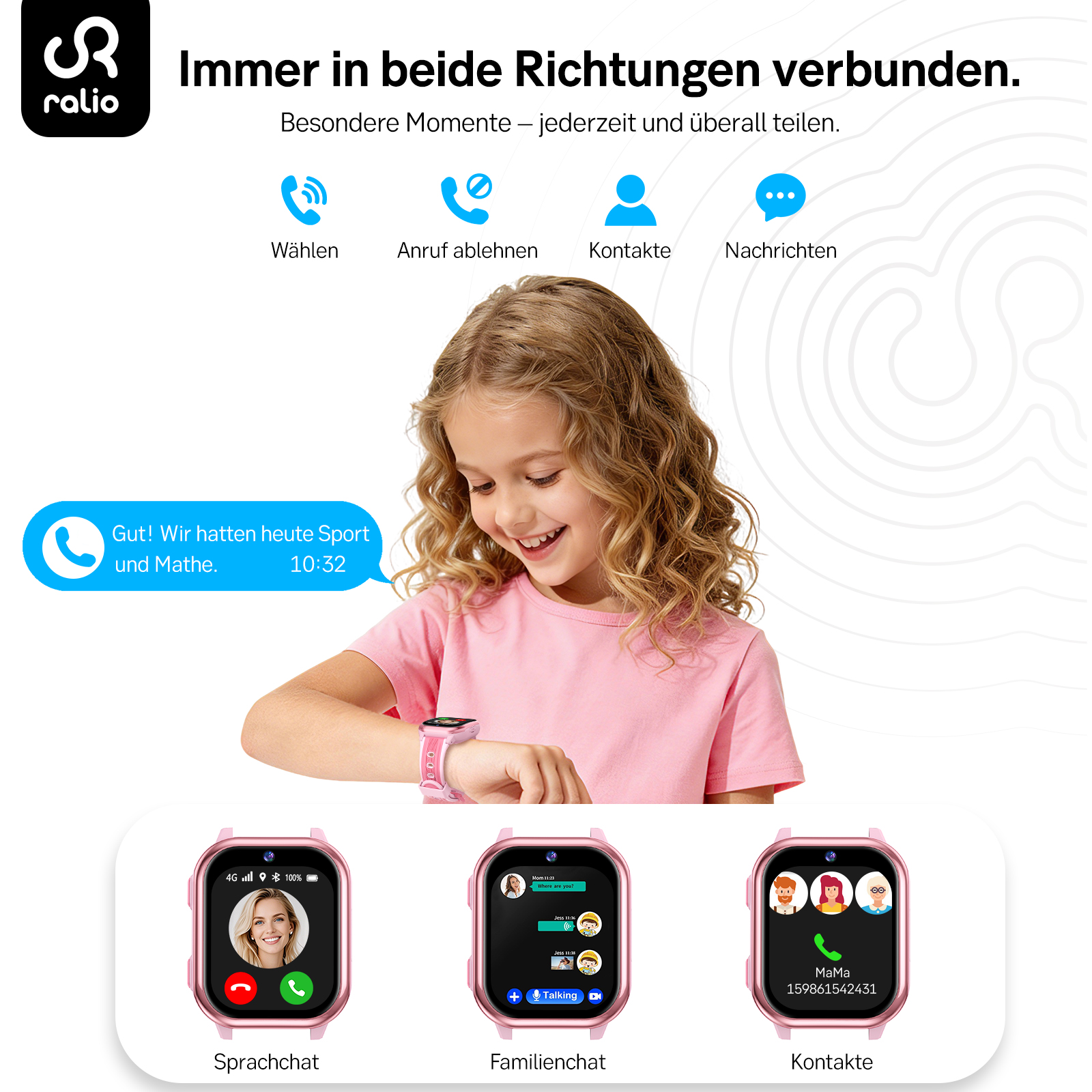 Ein Mädchen trägt eine pinke Uhr und schaut darauf. Es gibt drei Bildschirme.