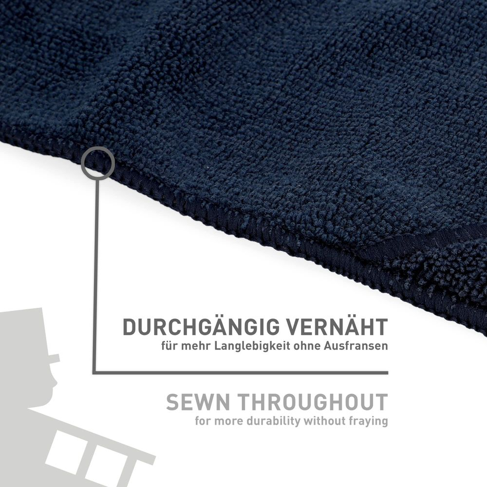 Dunkelblaues Tuch mit umlaufender Naht für Strapazierfähigkeit. Text: Durchgängig vernäht.