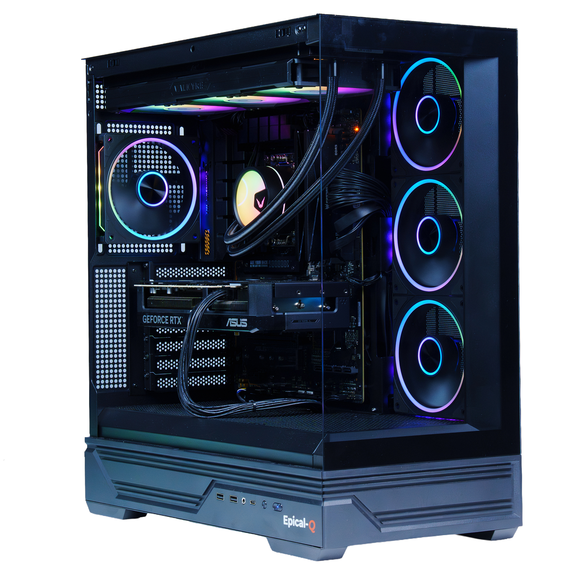 Un PC abierto con ventiladores RGB y componentes visibles. Sobre fondo blanco.