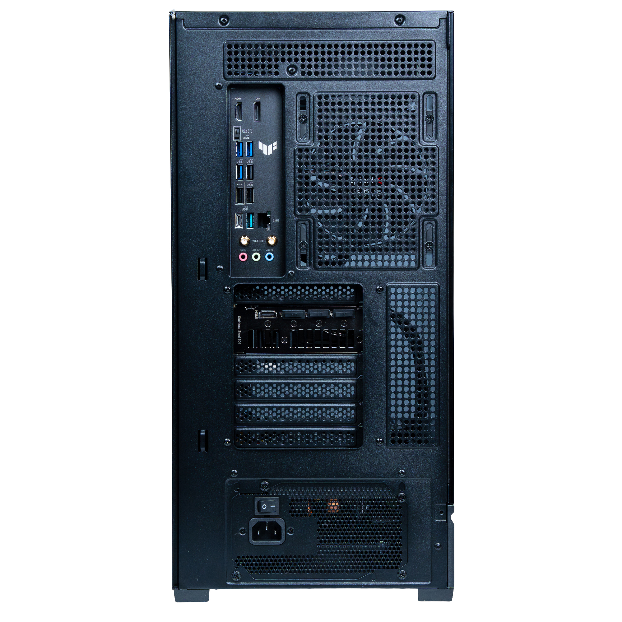 Panel trasero de una torre de computadora negra con varios puertos y ventilación.
