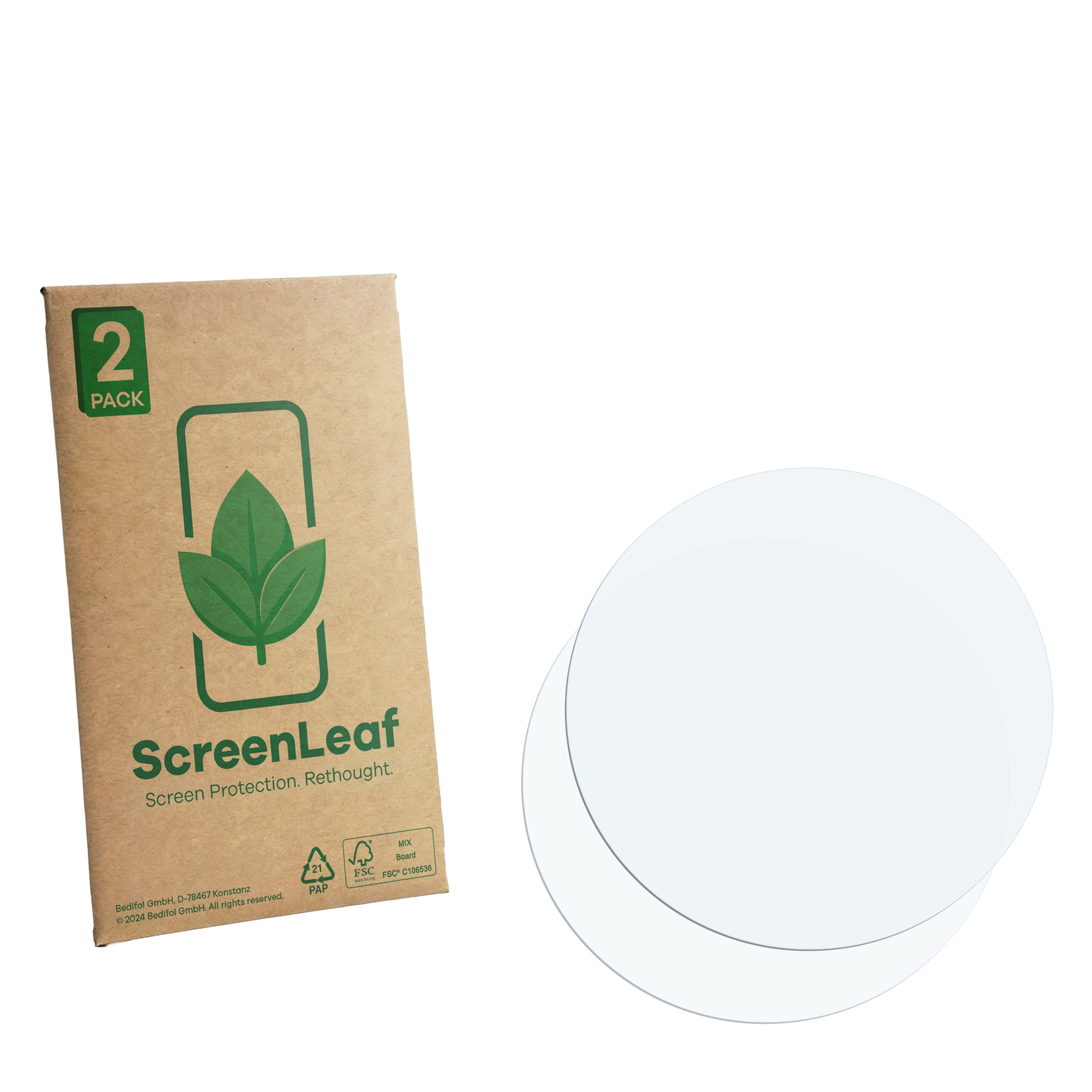 Eine Packung mit zwei Displayschutzfolien neben einer braunen Verpackung mit grünen Blattlogo.