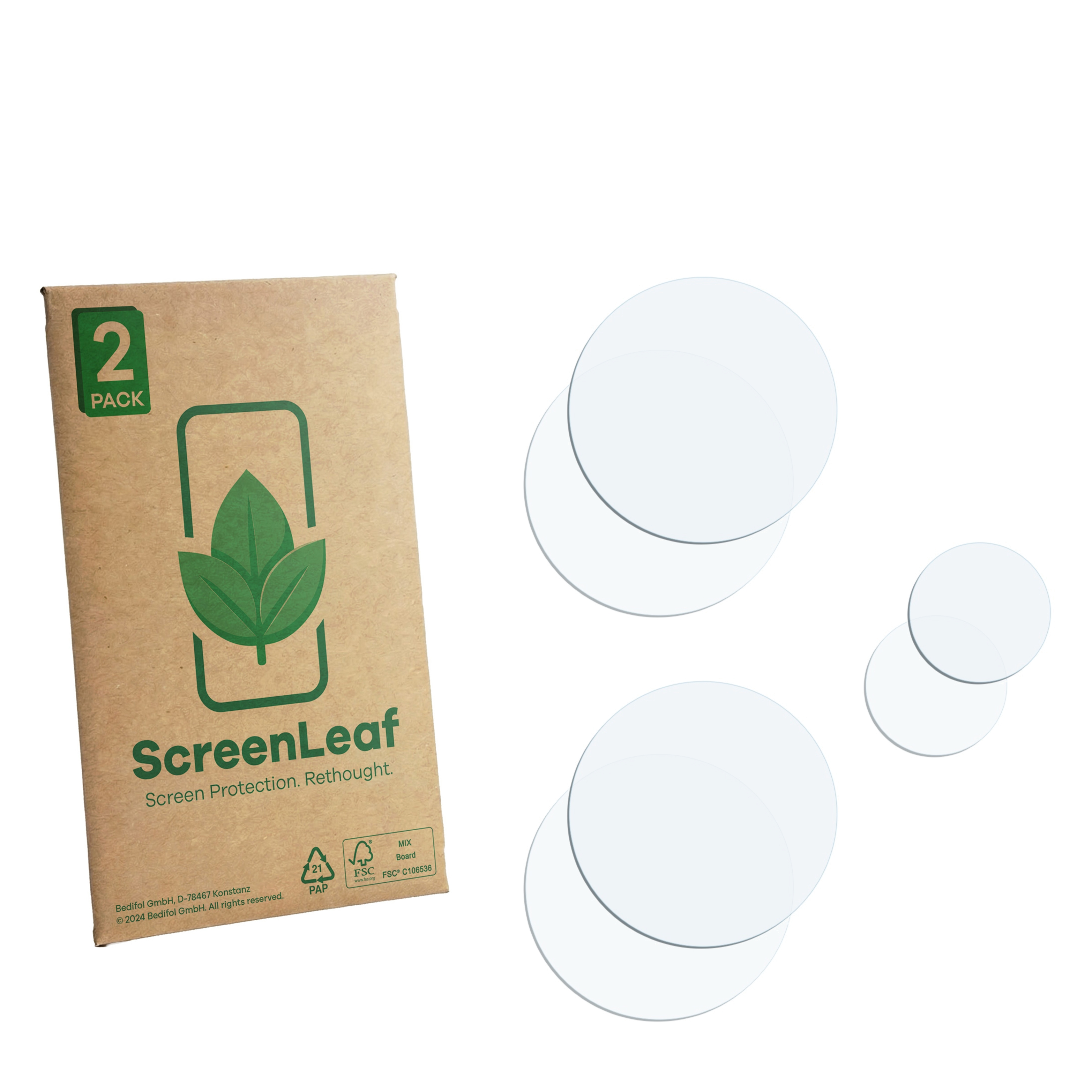 Eine Packung mit 2 Displayschutzfolien und einer braunen Verpackung mit grünen Blättern.
