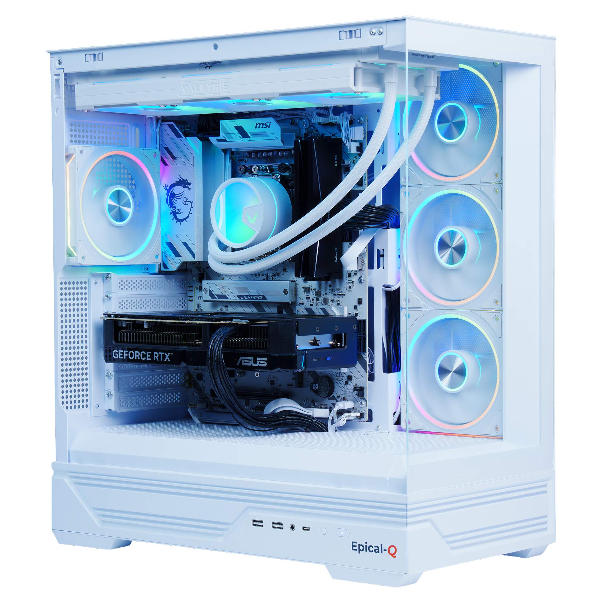 Torre de PC blanca con iluminación RGB, componentes internos y ventiladores visibles.