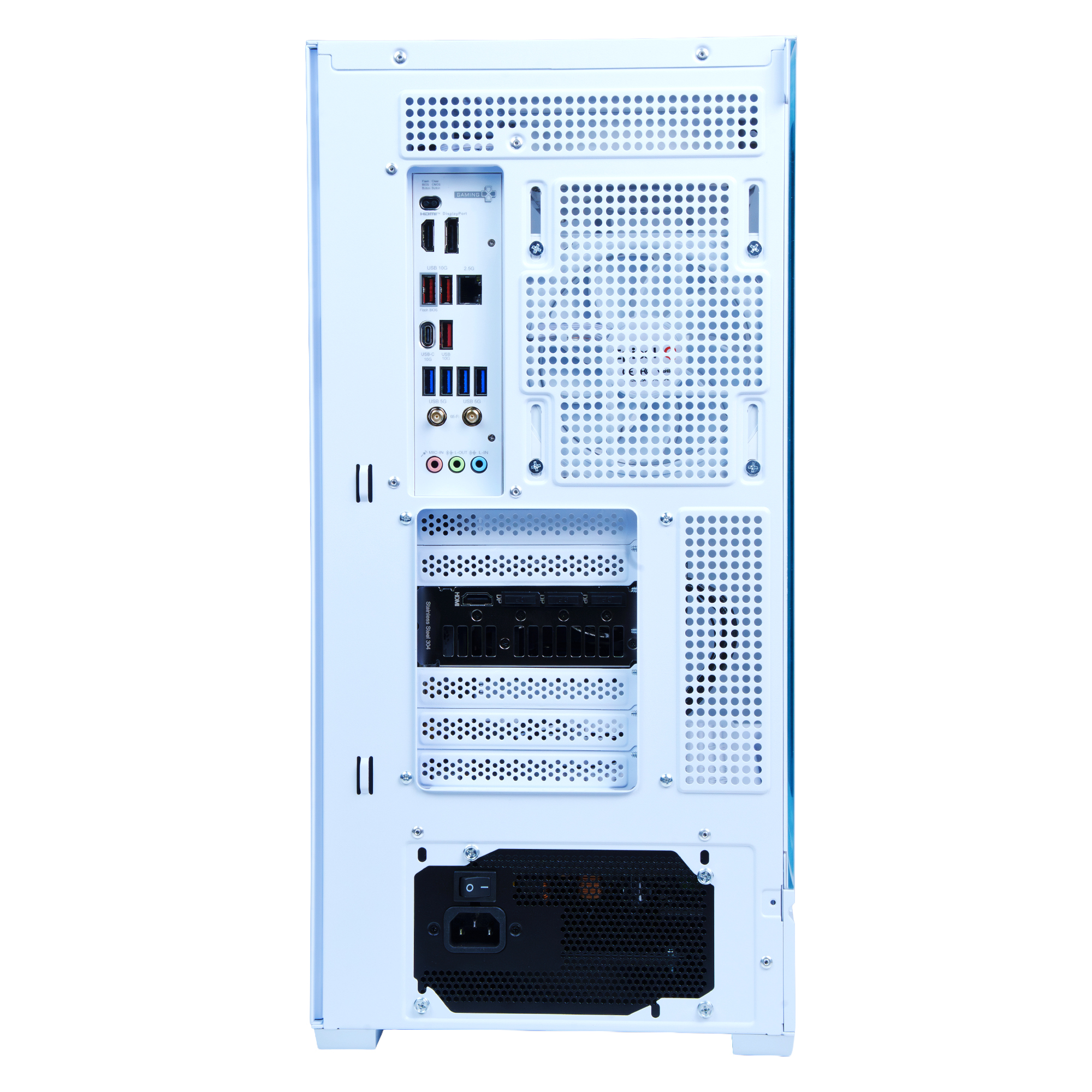 Parte trasera de una caja de PC blanca con puertos y rejilla de ventilación.