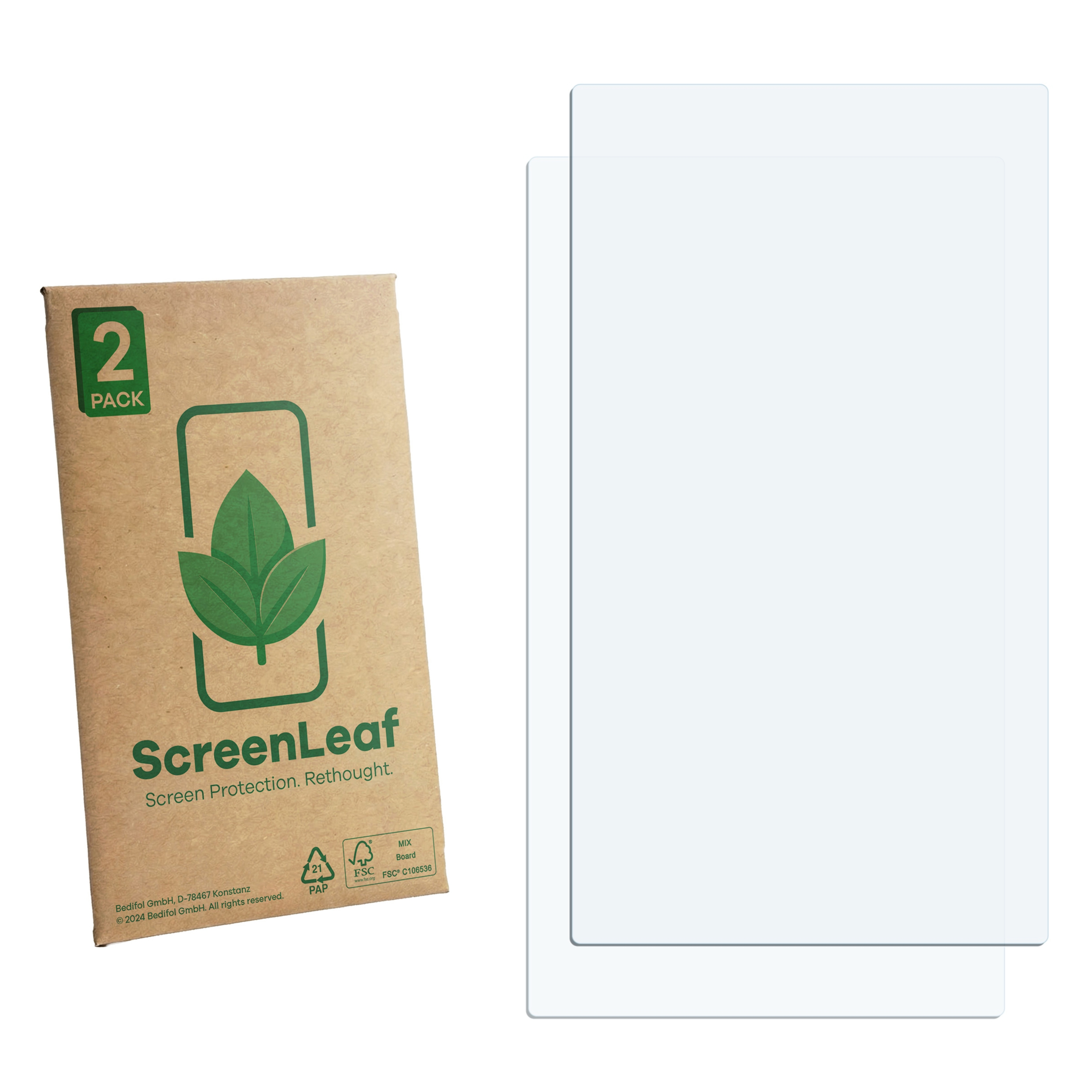 Zwei Displayschutzfolien auf einem Karton mit "ScreenLeaf" und Blattlogo.