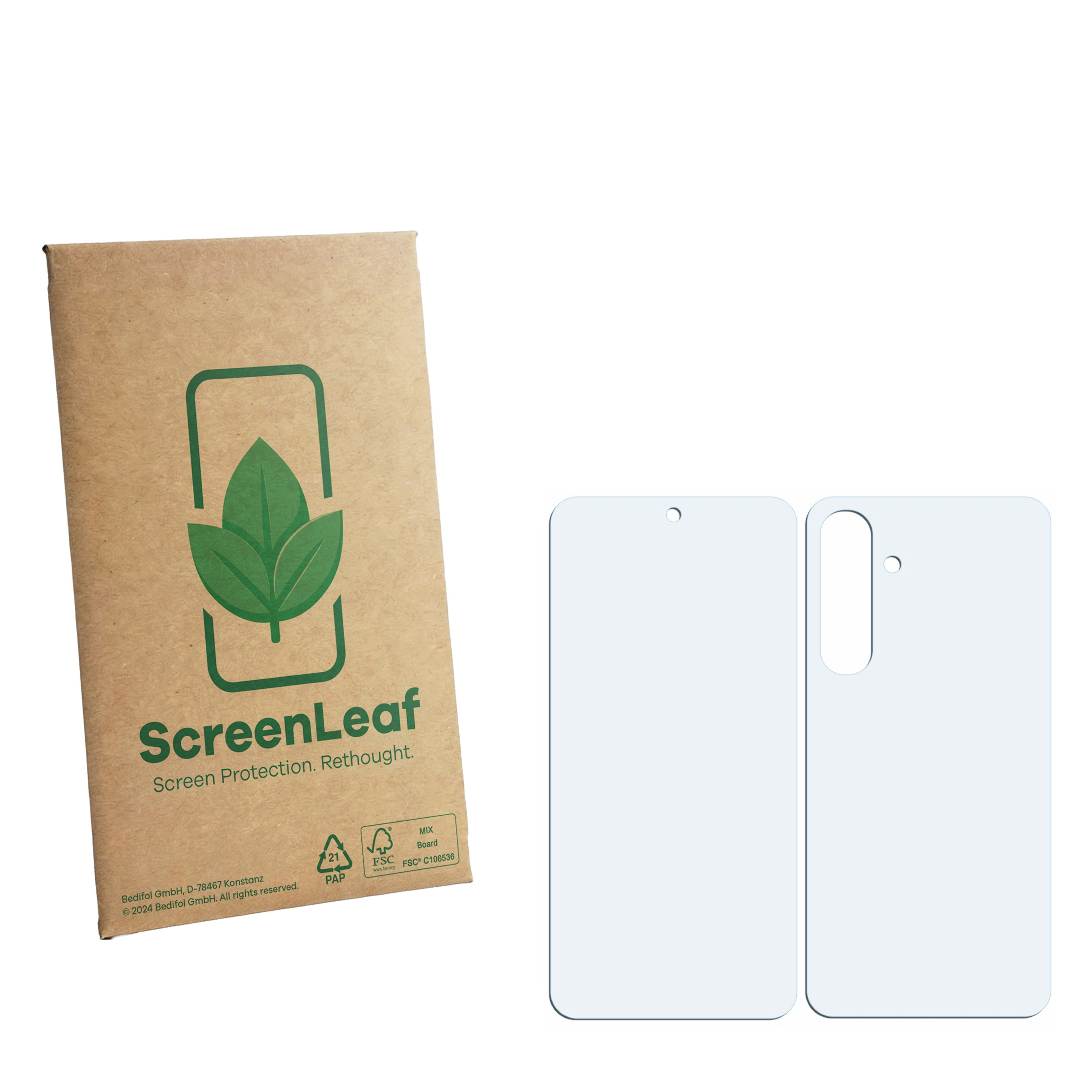 Braune Verpackung mit grünem Blattlogo, daneben zwei durchsichtige Displayschutzfolien.