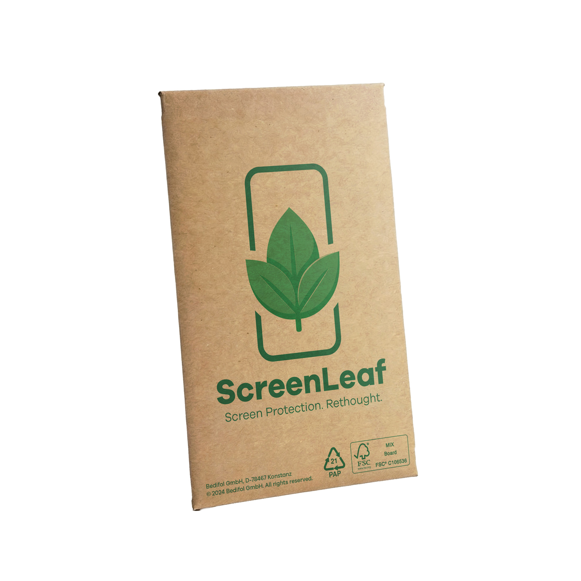 Braune Verpackung mit grünen Blatt-Logo und Text 'ScreenLeaf'.