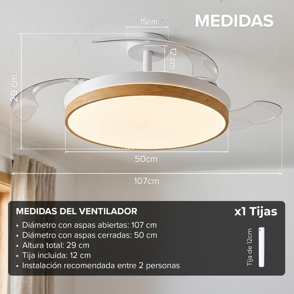 Ventilador de techo con luz: 107cm (abierto), 50cm (cerrado). Altura 29cm. Incluye varilla 12cm.