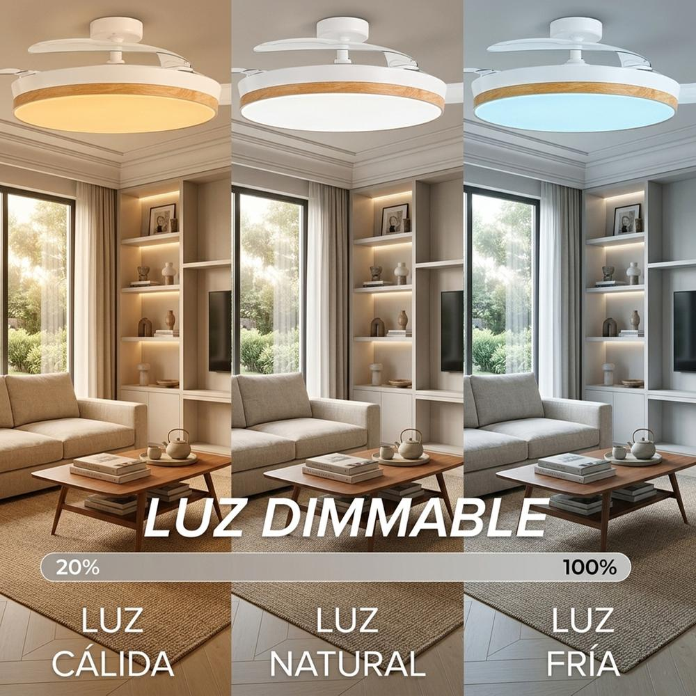 Una sala de estar con un ventilador de techo que muestra tres colores de luz: cálido, natural y frío.