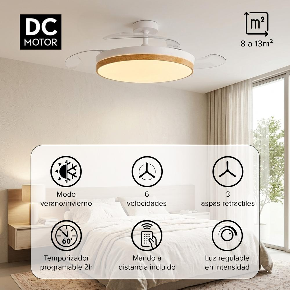 Ventilador de techo con luz: motor DC, 6 velocidades, 3 aspas retráctiles.