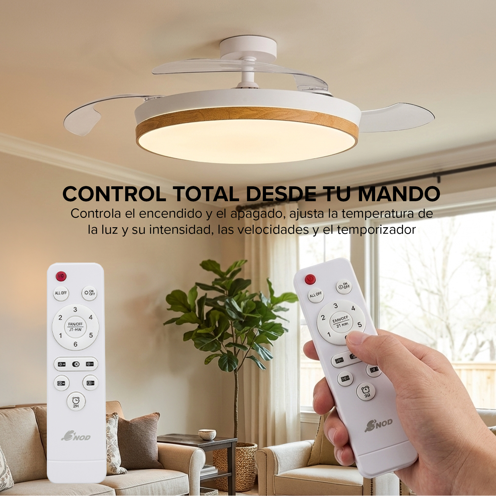 Ventilador de techo con luz y controles remotos. Interior con muebles y planta.