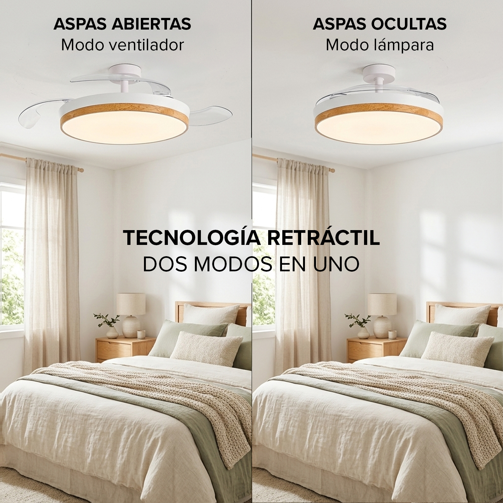 Un dormitorio con ventilador de techo con luces en dos modos: ventilador y lámpara.