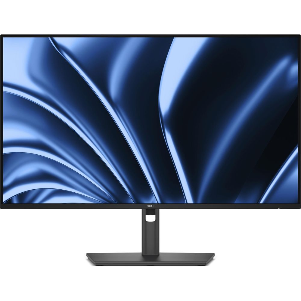 Ein Dell-Monitor zeigt einen blauen, abstrakten, wellenförmigen Hintergrund auf seinem Bildschirm.