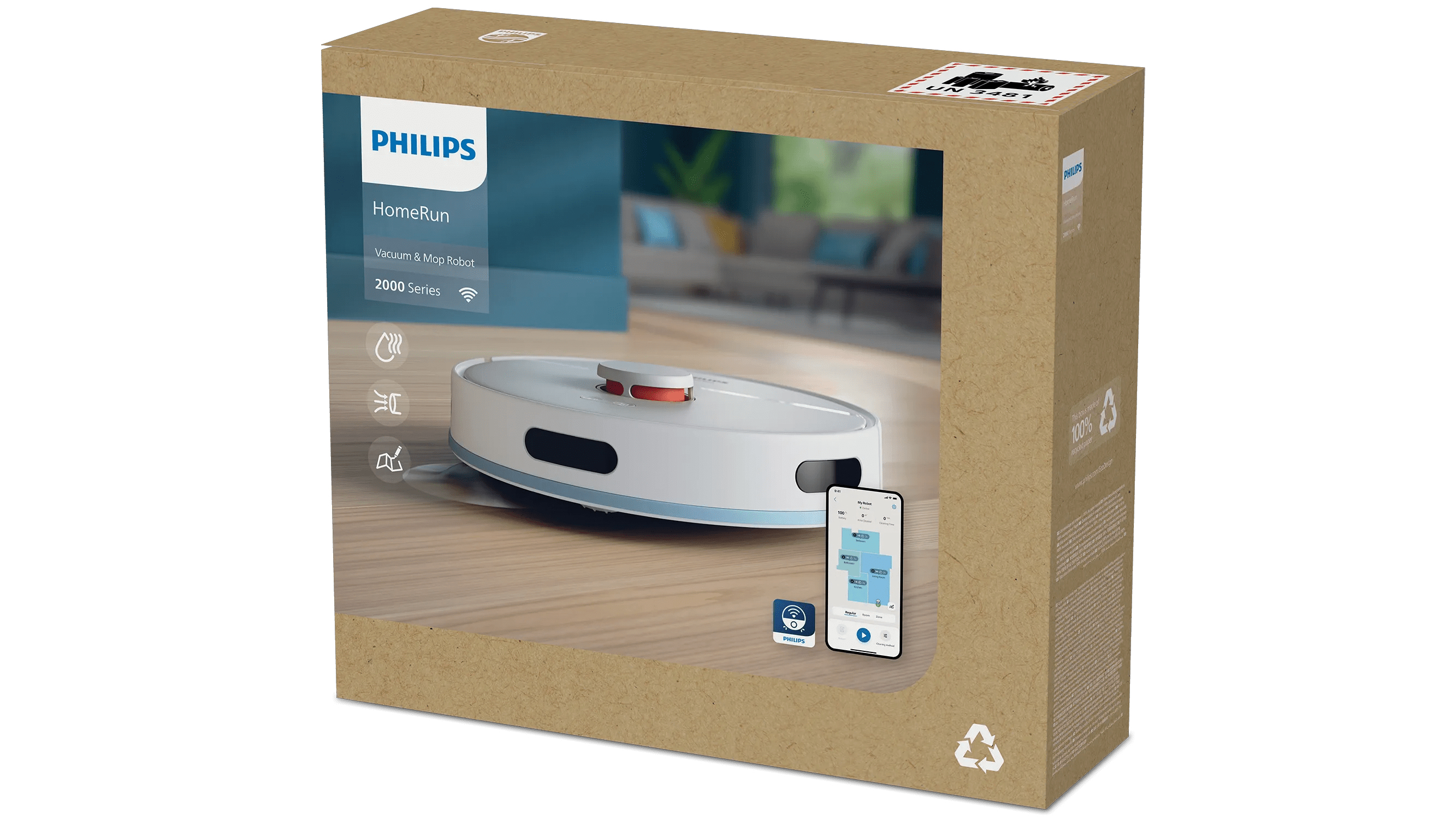 Verpackung eines Philips HomeRun Saug- und Wischroboters, 2000 Serie.