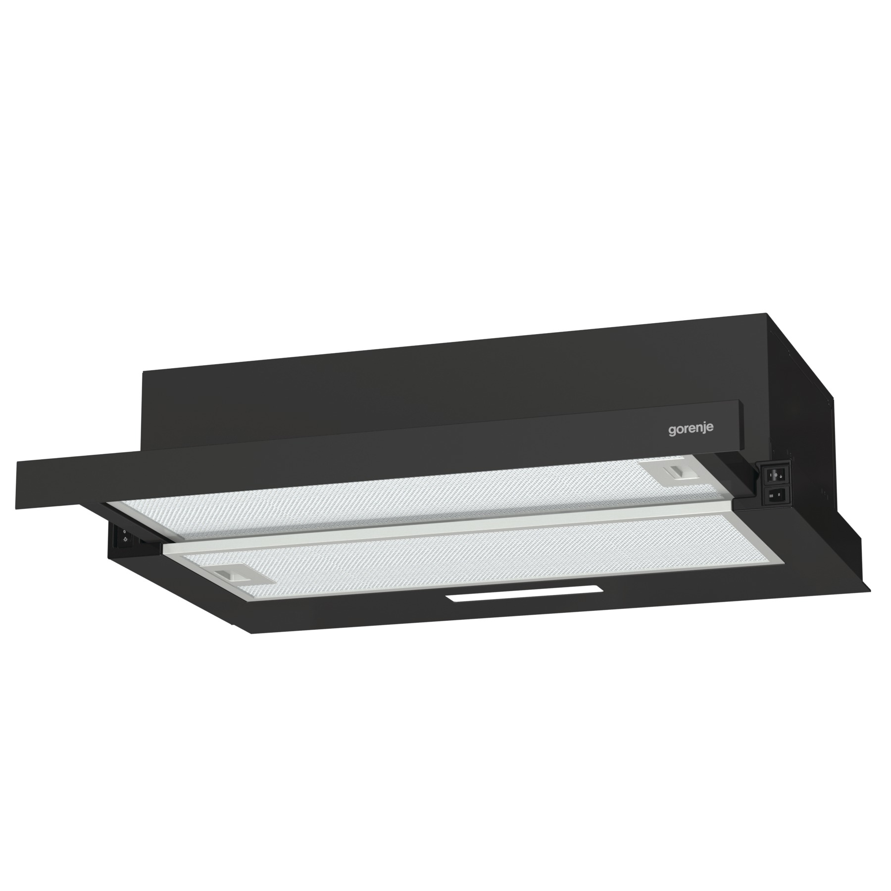 Cappa aspirante nera Gorenje con controlli e pannello luminoso.