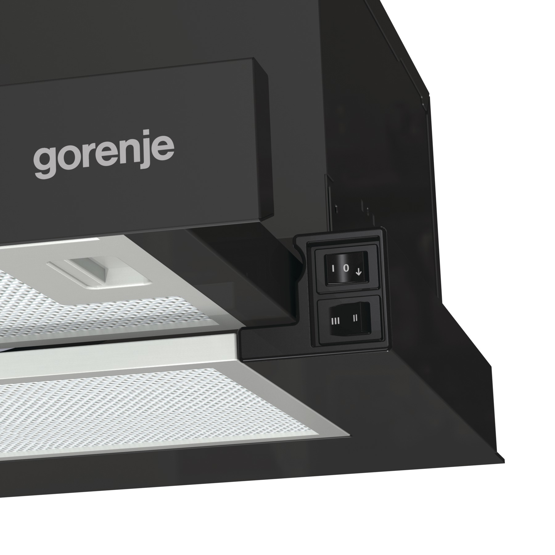 Dettaglio cappa Gorenje nera con pulsanti e filtro.