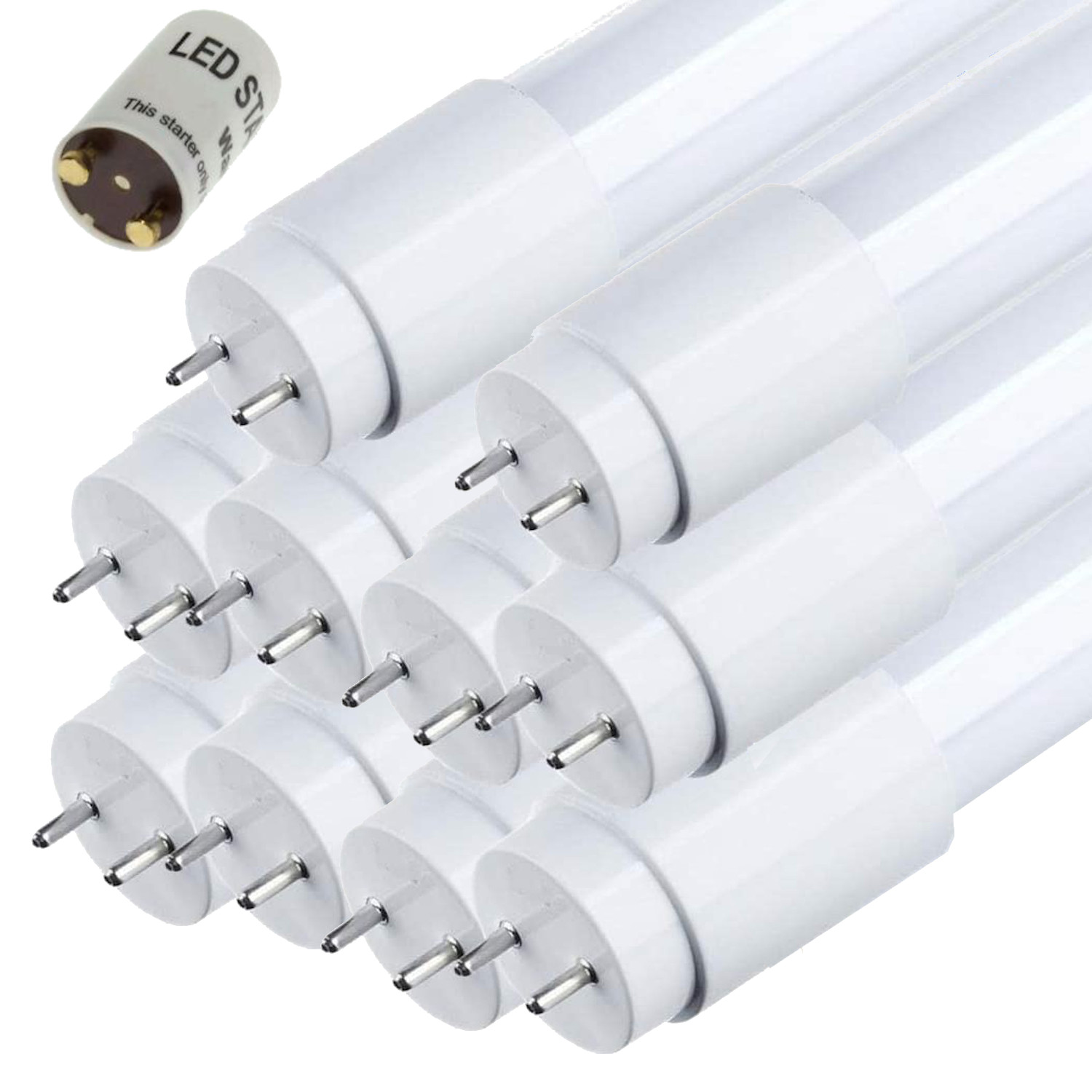 Un gruppo di tubi LED bianchi con pin e un avviatore LED.