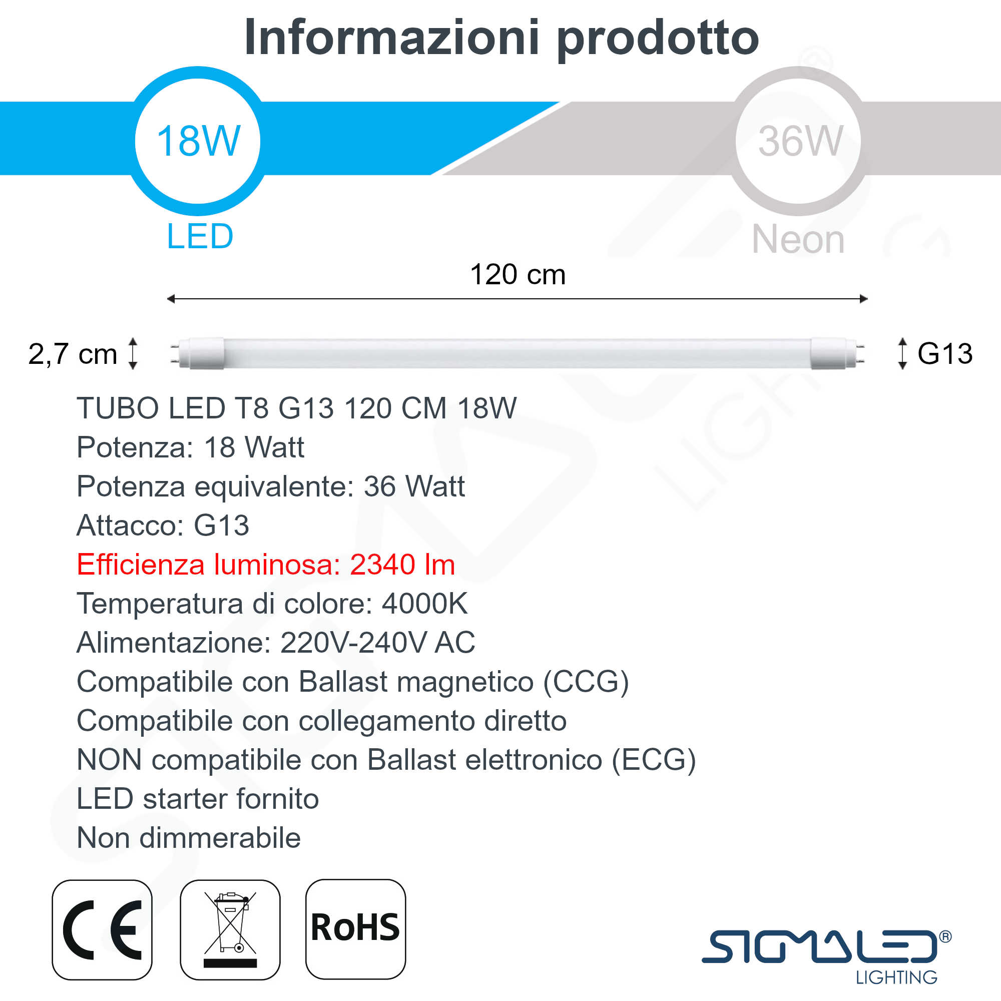 Tubo LED 18W, 120 cm, attacco G13, potenza 18W, equivalente 36W.