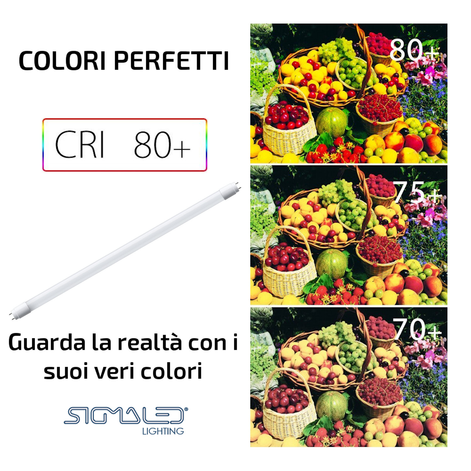 Cesti di frutta con CRI 80+, 75+, 70+. Un tubo fluorescente e testo.