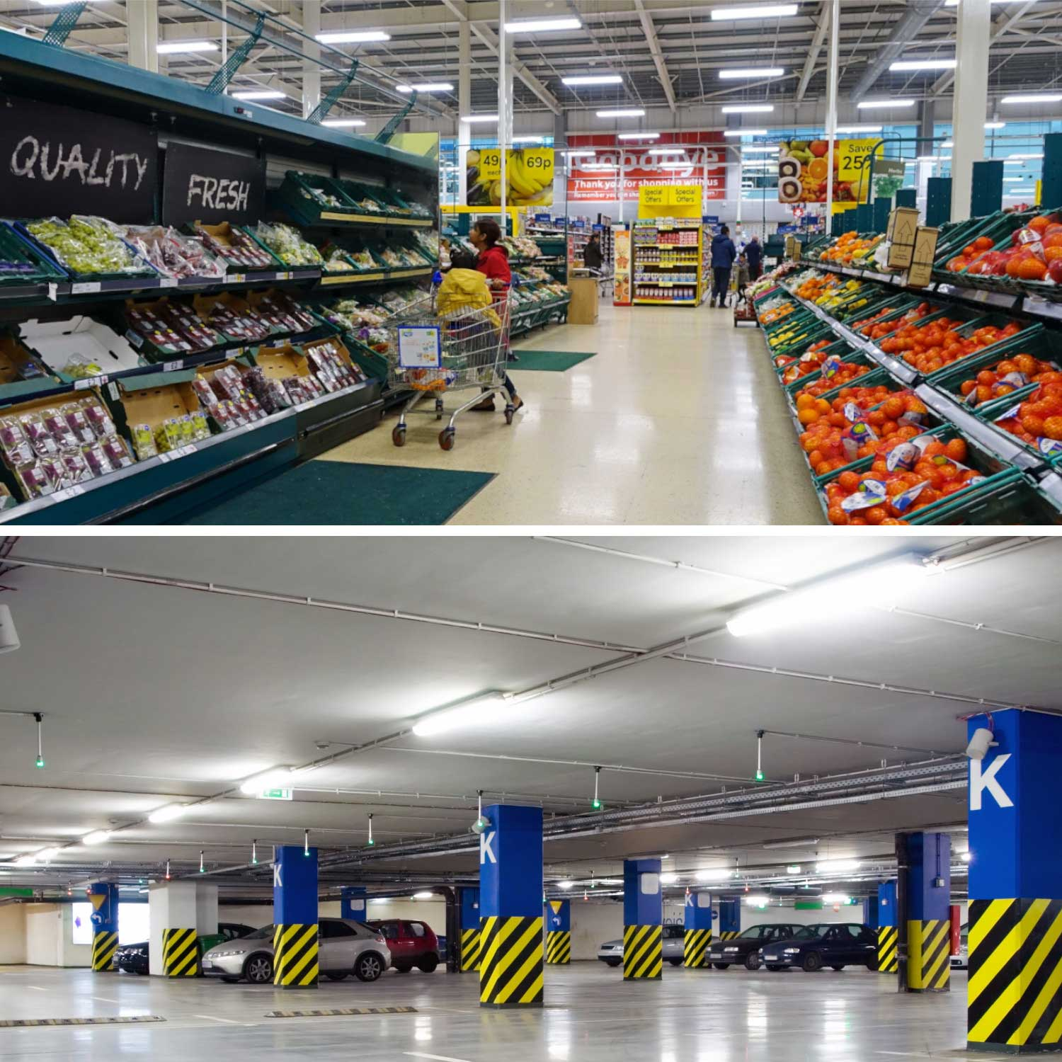 Supermercato con frutta e verdura; parcheggio con auto.