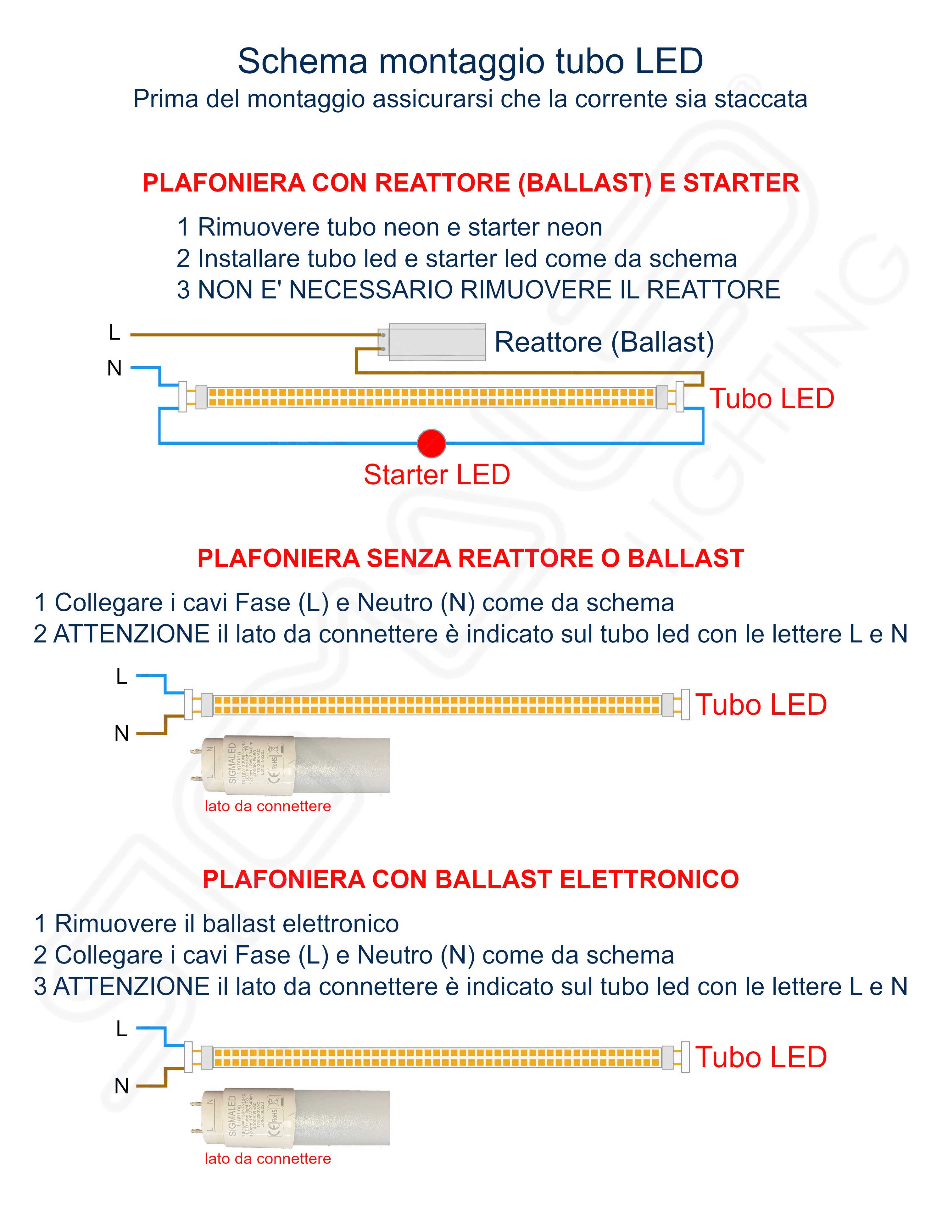 Schemi di cablaggio per installazione tubi LED con/senza reattore e reattore elettronico.