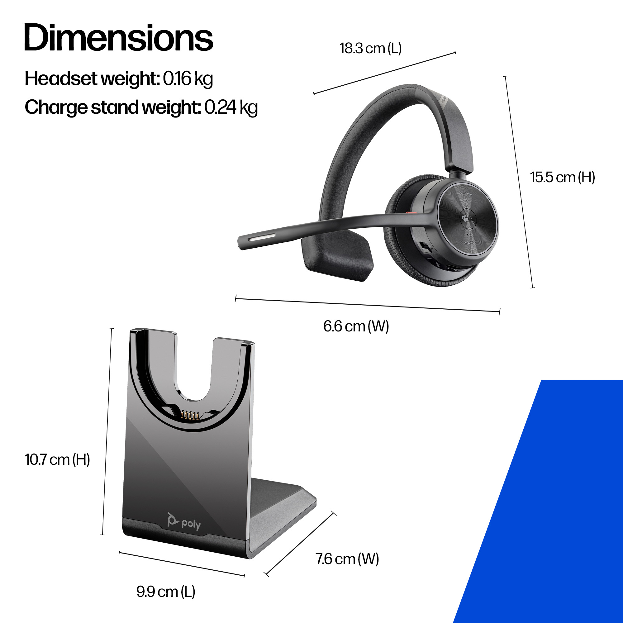 Dimensioni: Cuffie 18,3x15,5x6,6cm, base di ricarica 10,7x9,9x7,6cm.
