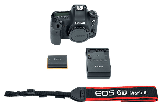 Una cámara Canon EOS 6D Mark II negra con accesorios: batería, cargador y correa.