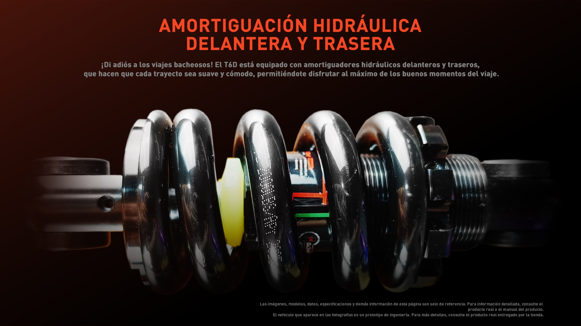 Primer plano de un amortiguador hidráulico negro con detalles amarillos y rojos.