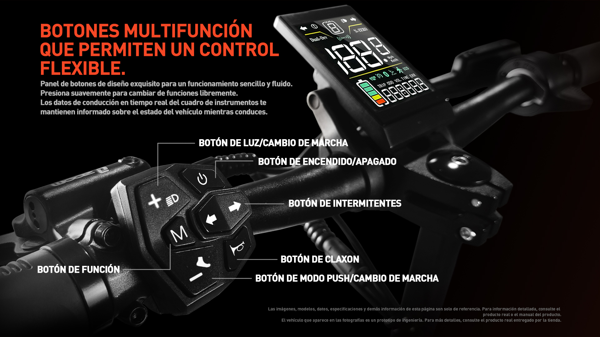 Primer plano del manillar de e-bike con pantalla digital y varios botones de función.