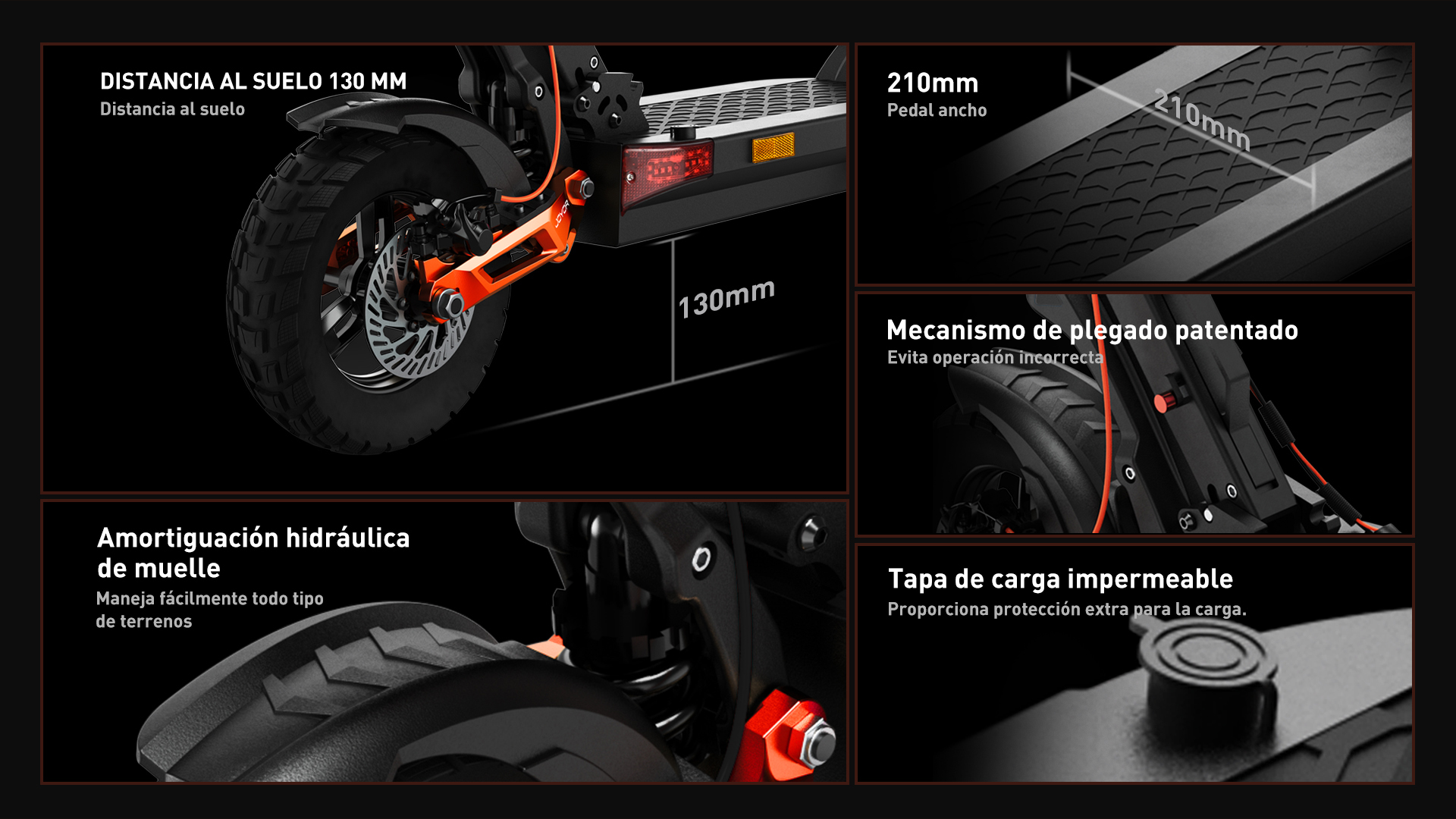 Detalles scooter eléctrico: 130mm altura al suelo, suspensión hidráulica, pedal 210mm.