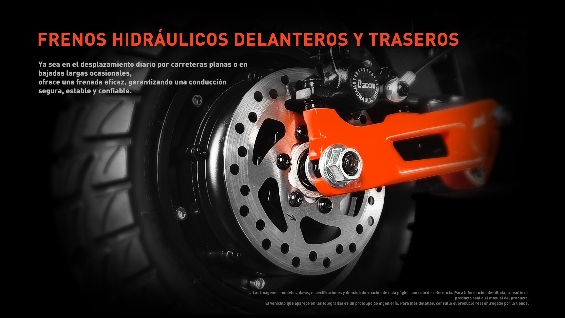 Primer plano de un freno naranja con disco metálico y neumático.