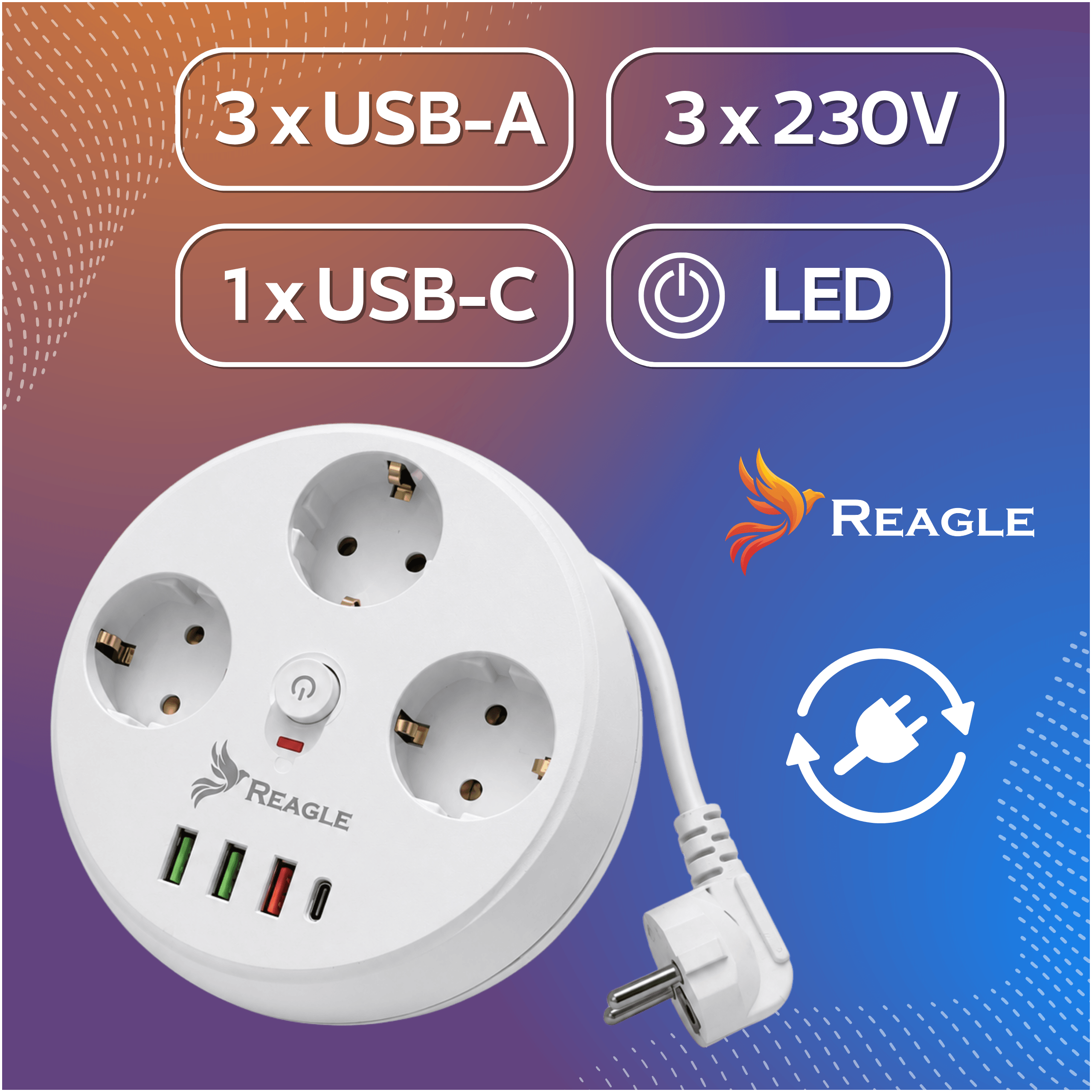Regleta blanca redonda con 3x 230V, 3x USB-A, 1x USB-C y LED.