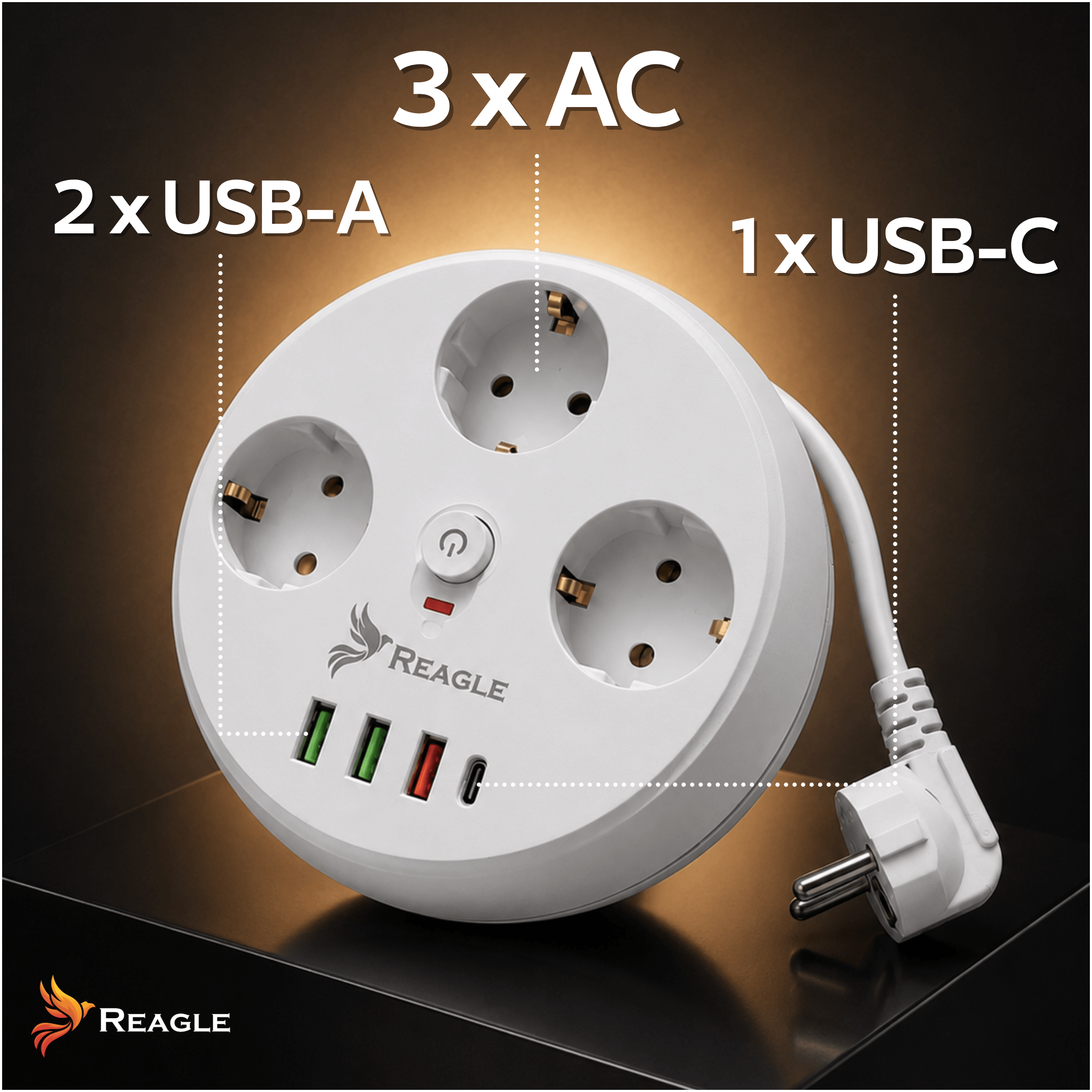 Regleta blanca redonda con 3 tomas AC, 2 USB-A y 1 USB-C.