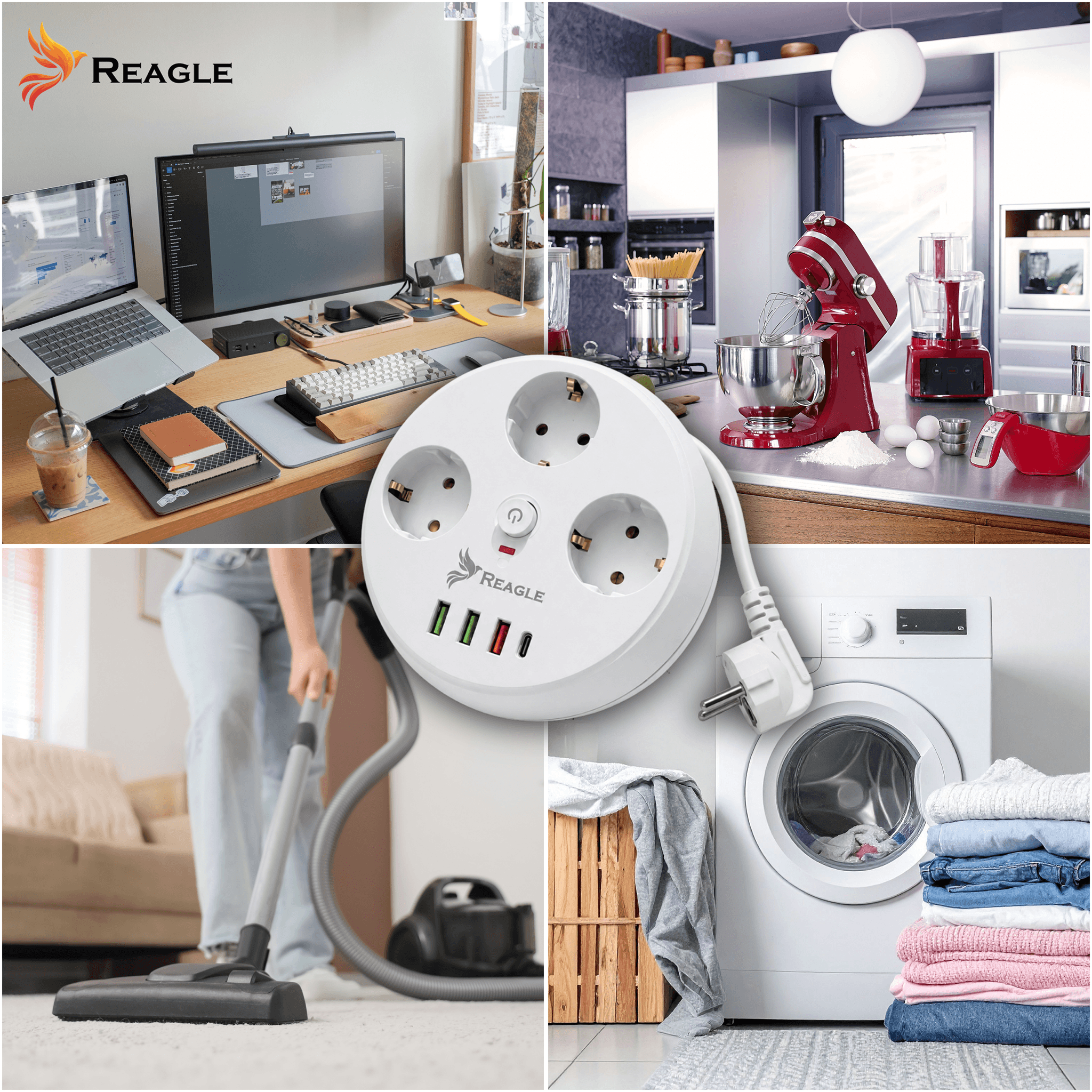 Una imagen collage muestra un espacio de trabajo, cocina, aspiración y lavadora.