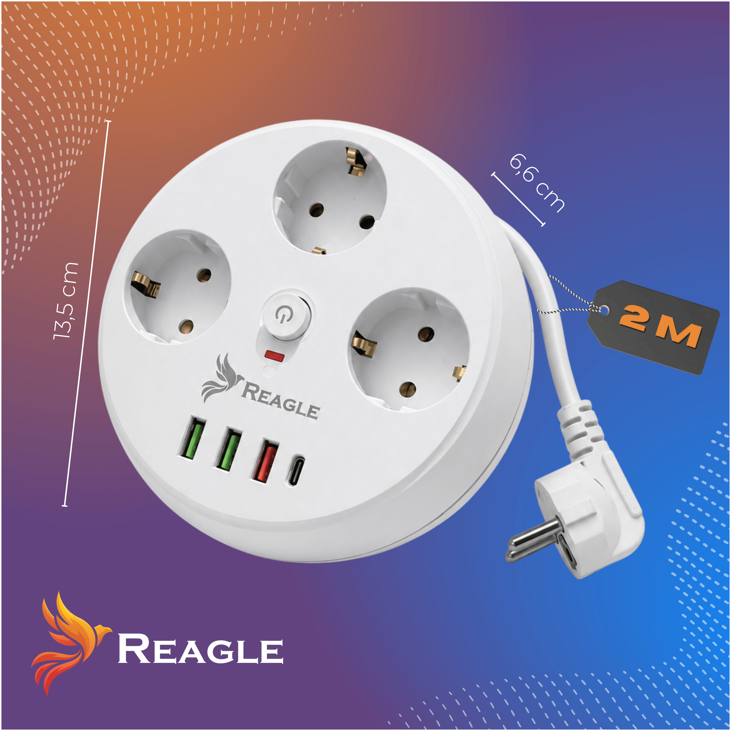 Regleta blanca con 3 enchufes, 4 puertos USB, interruptor y cable de 2m.