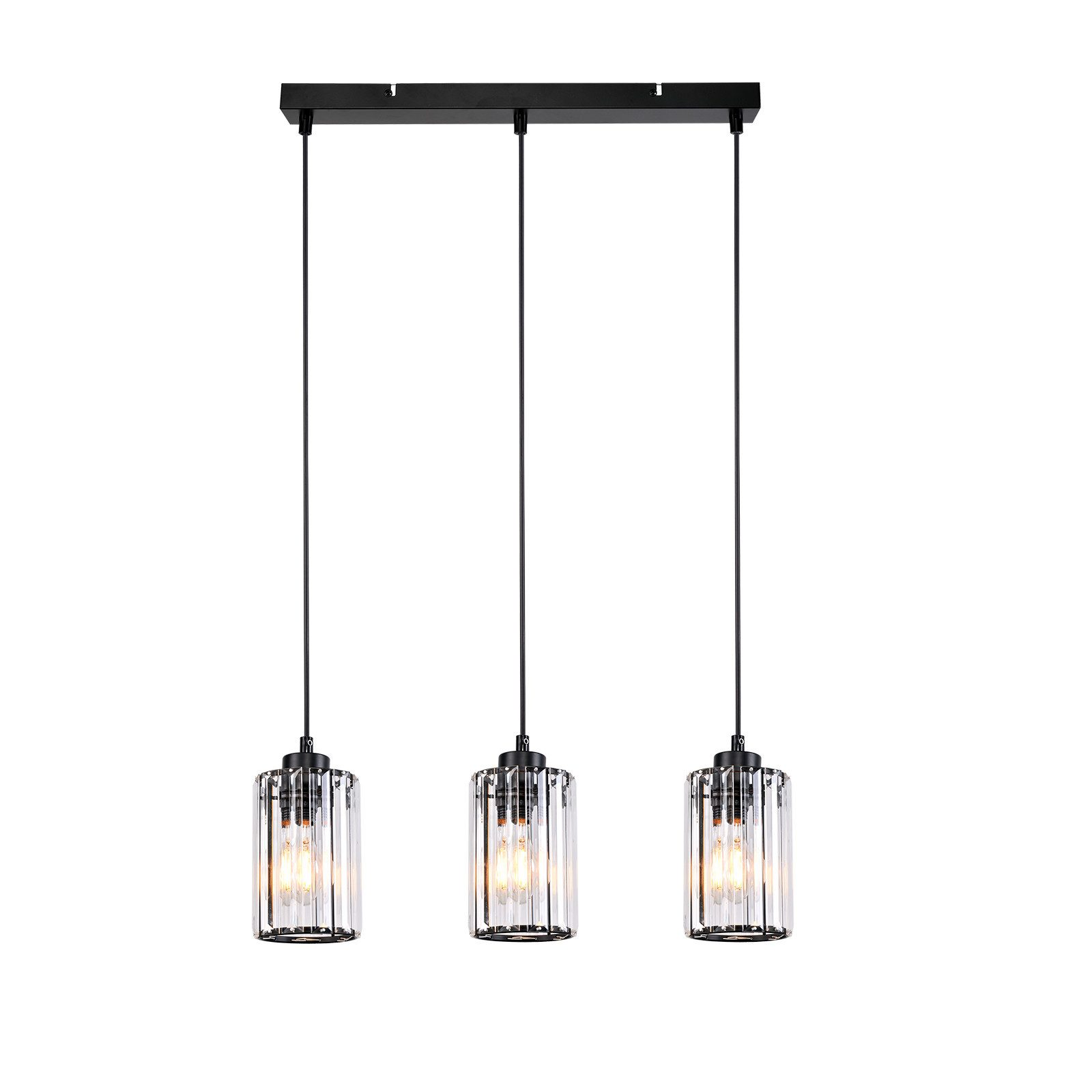 Trzy czarne lampy wiszące z cylindrycznymi szklanymi kloszami.