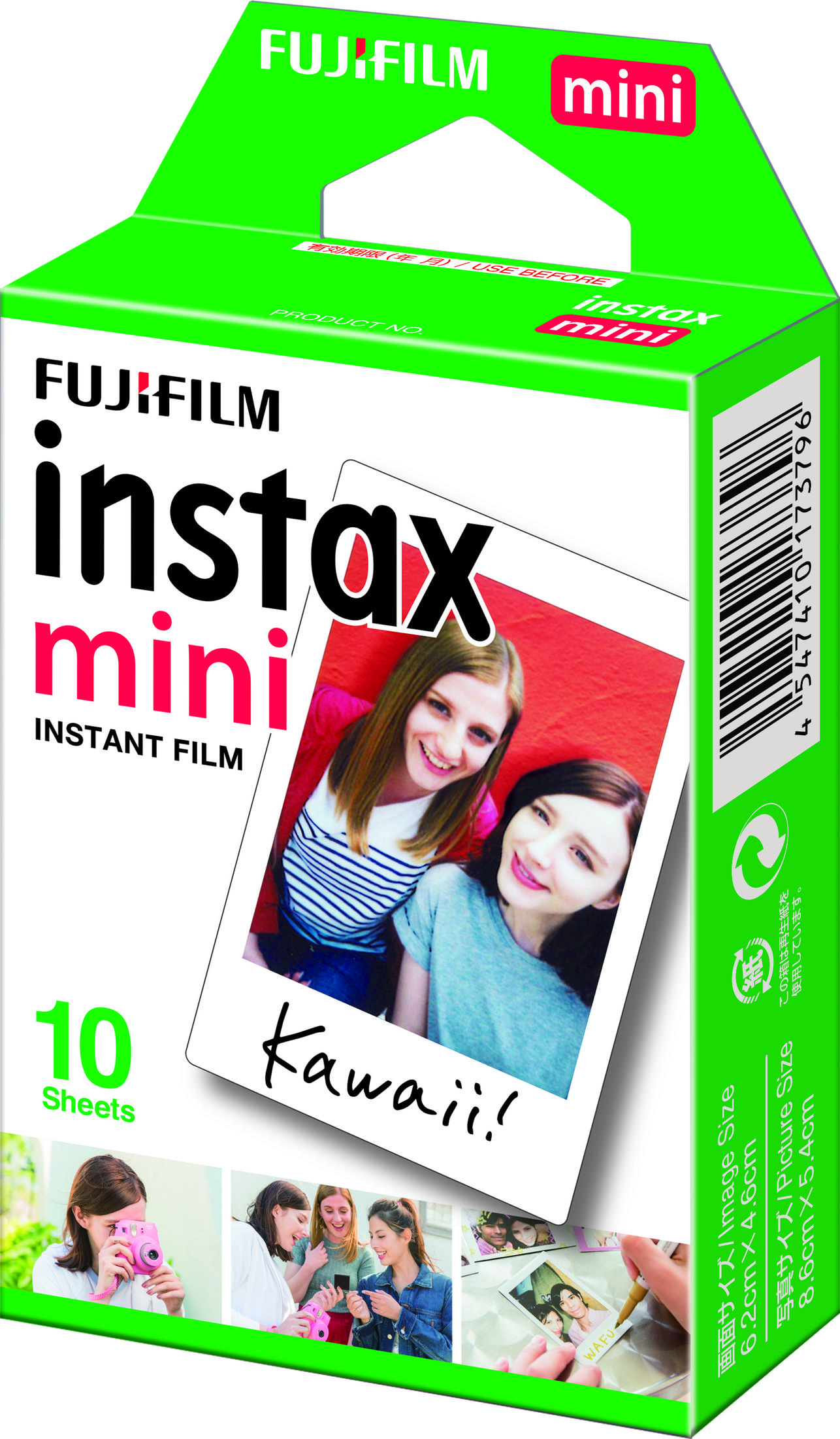 Önünde iki gülümseyen kadın olan Fujifilm Instax Mini anında film kutusu.