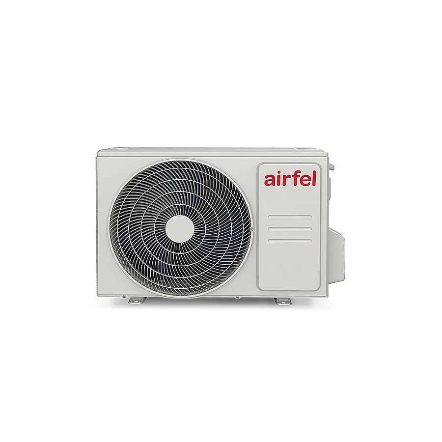 Fanlı ve "airfel" logolu beyaz klima dış ünite.