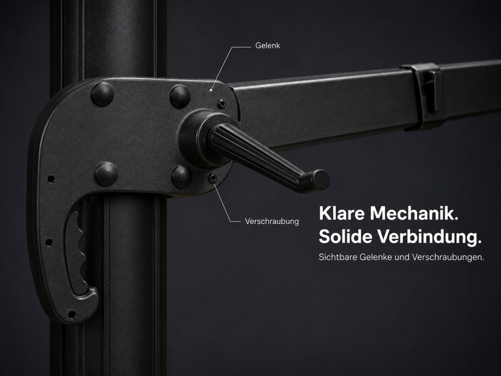 Schwarzer Sonnenschirmmechanismus mit Kurbel und Gelenken.