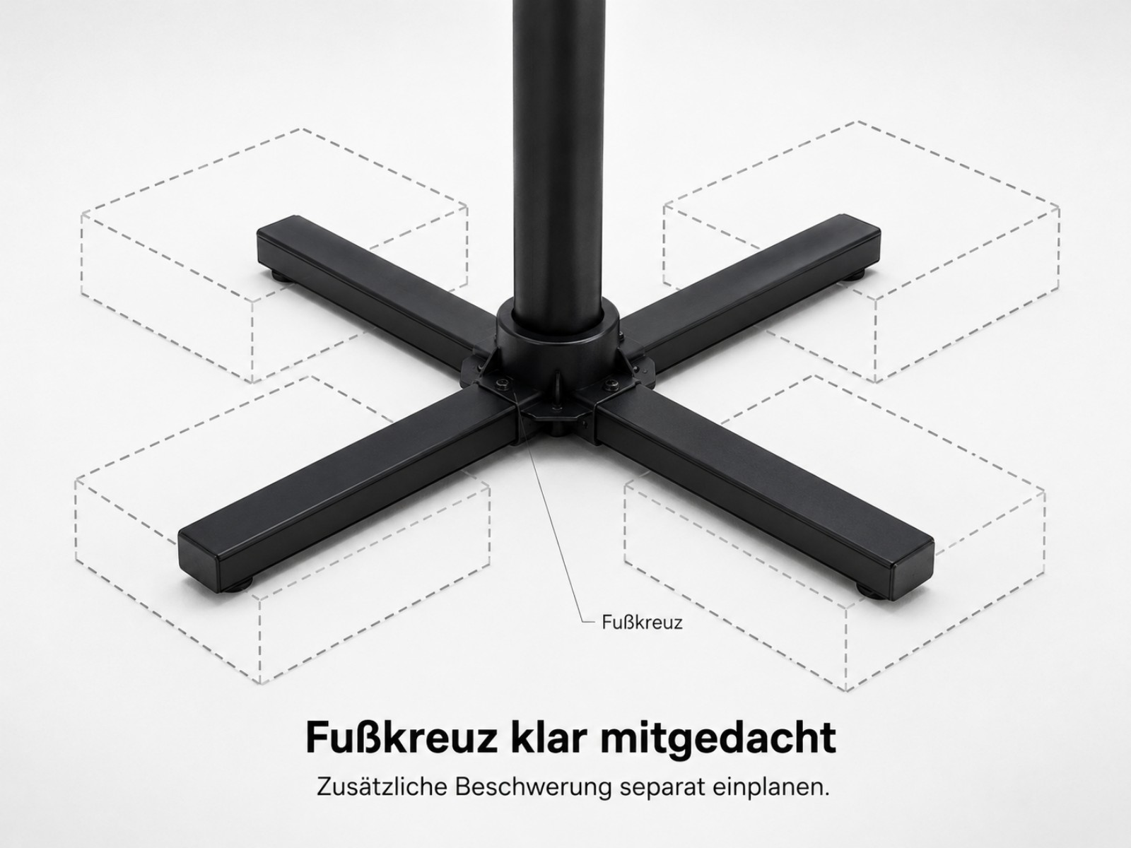 Schwarzes Sternfußkreuz mit Stange. Gestrichelte Linien zeigen optionalen Platz.