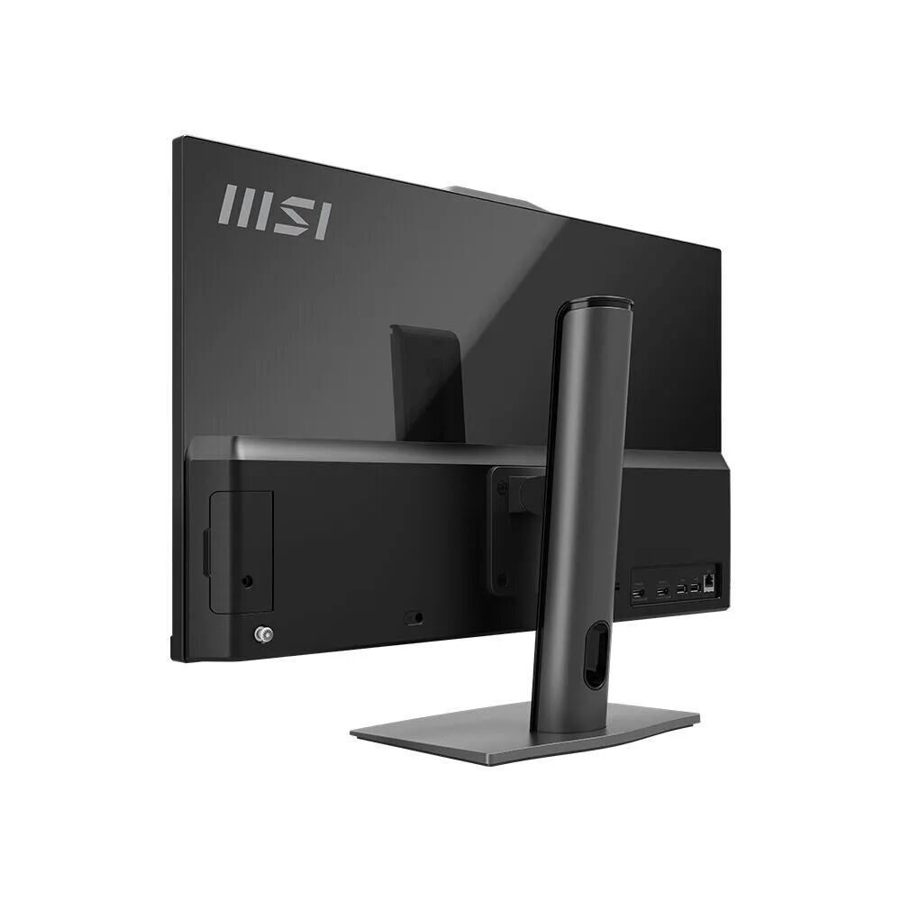 Vista posteriore di un monitor nero con logo MSI e porte su supporto grigio.