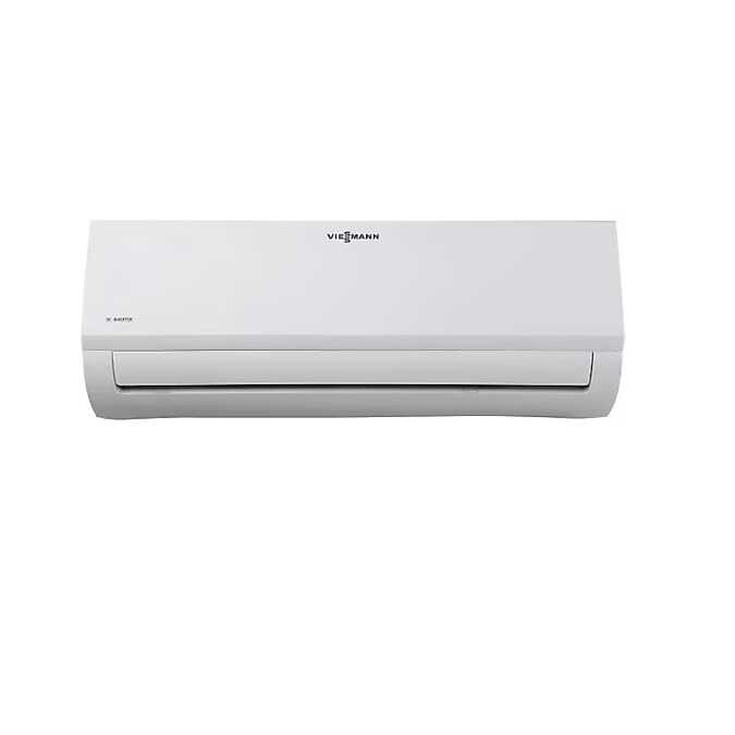Viessmann logolu beyaz klima ünitesi, duvara monte edilmiş.