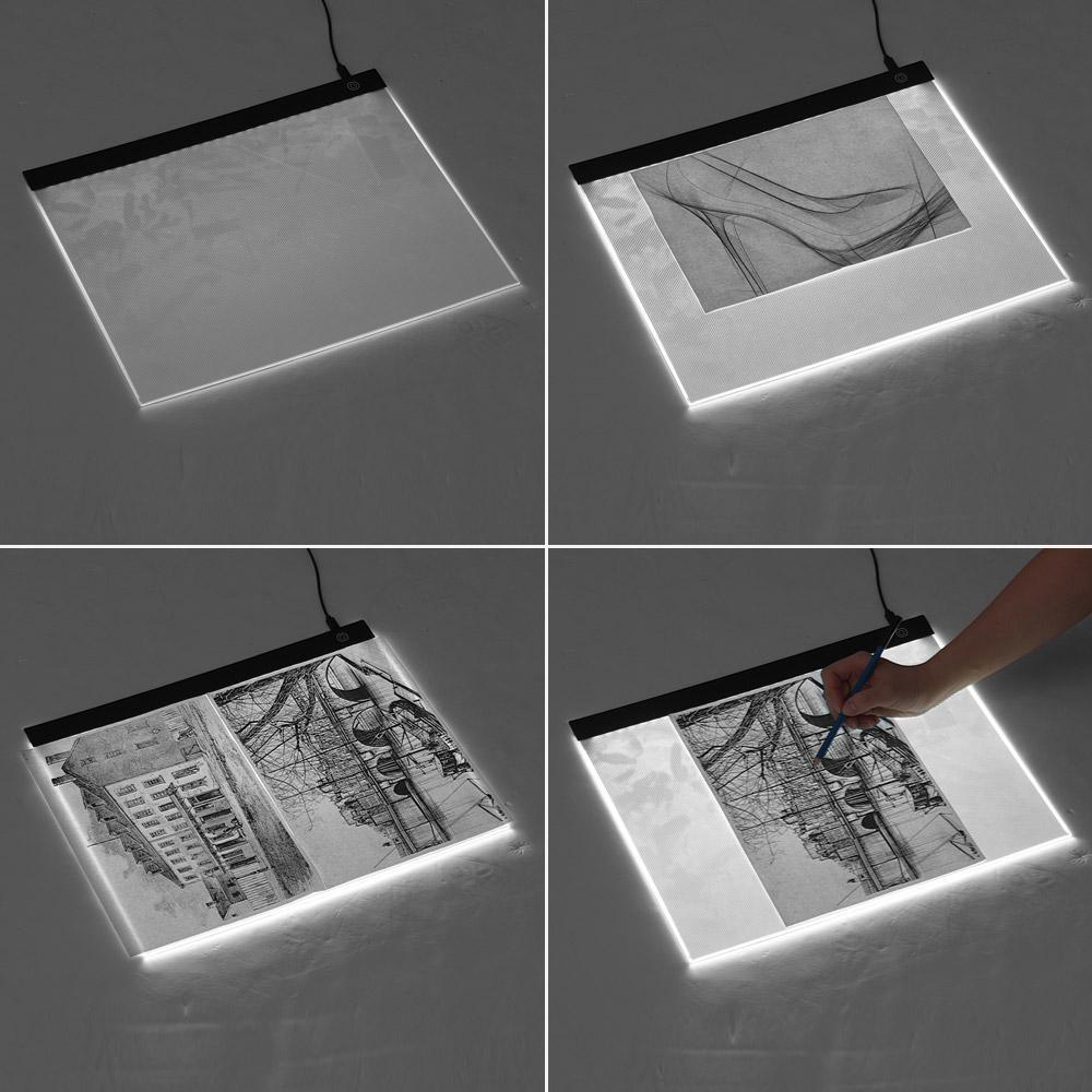 Tavoletta luminosa con quattro viste: vuota, con schizzo, con modello e in fase di disegno.