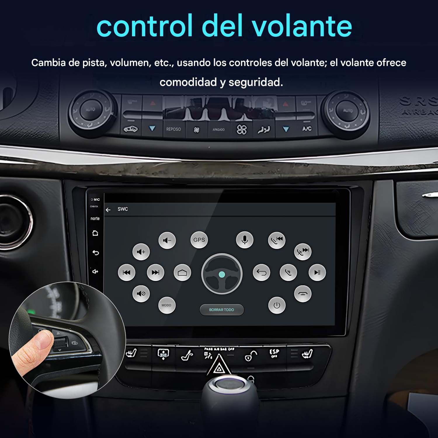 Interior de coche con pantalla táctil mostrando iconos de volante. Dedo tocando el volante.