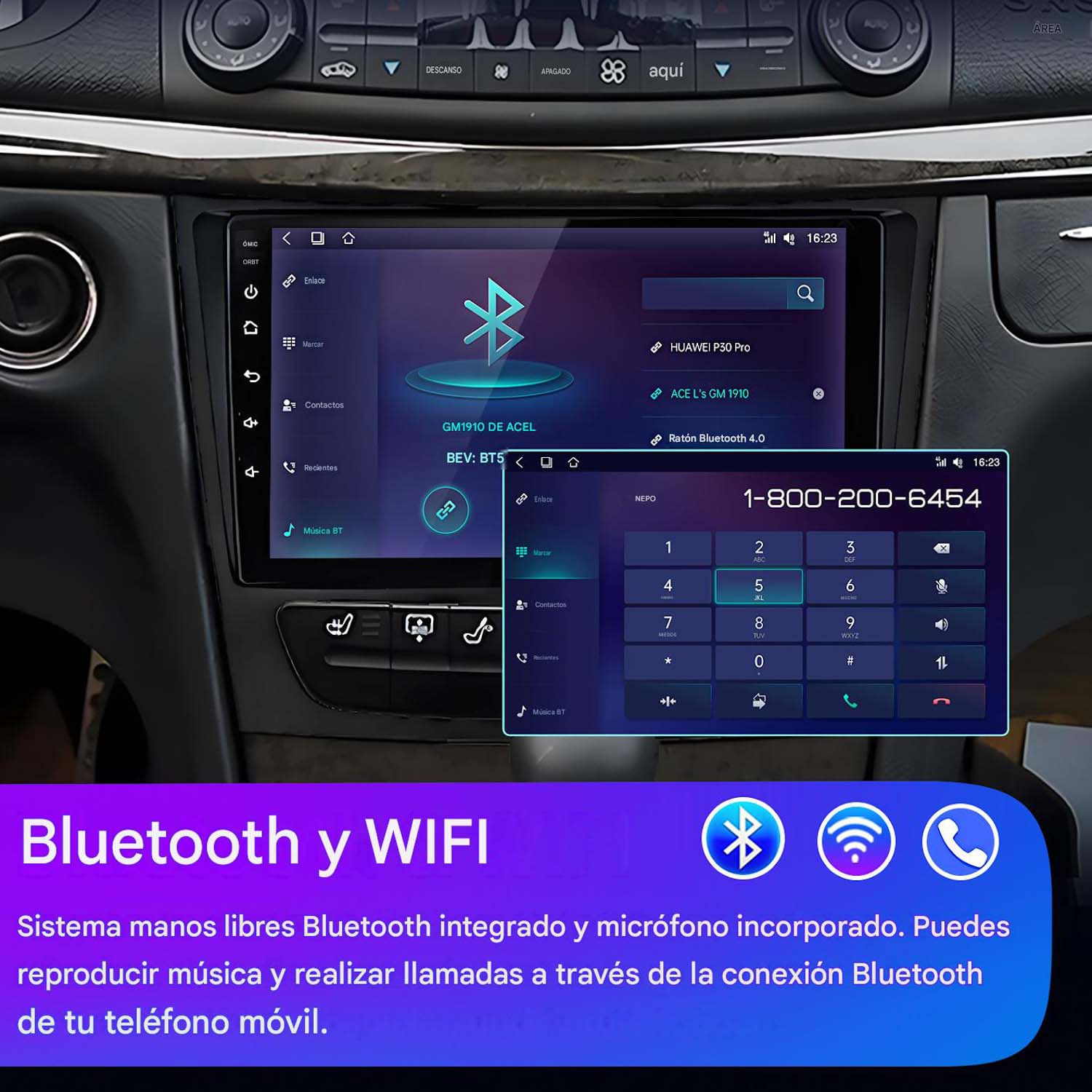 La imagen muestra la pantalla de una radio de coche con iconos Bluetooth y WiFi. Se ve un teléfono con teclado numérico.