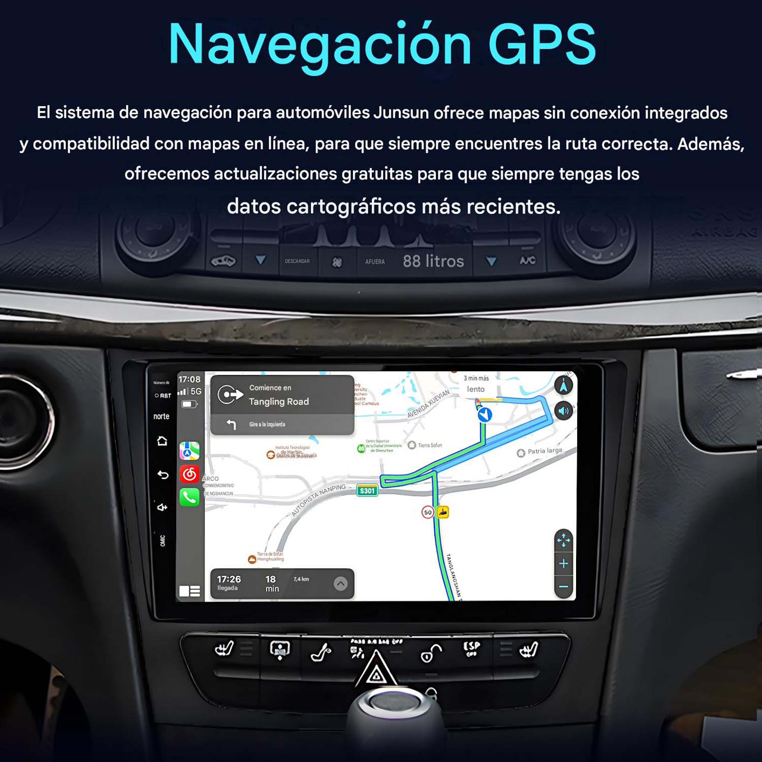 Un sistema de navegación para coche muestra un mapa con una ruta. El título es "Navegación GPS."