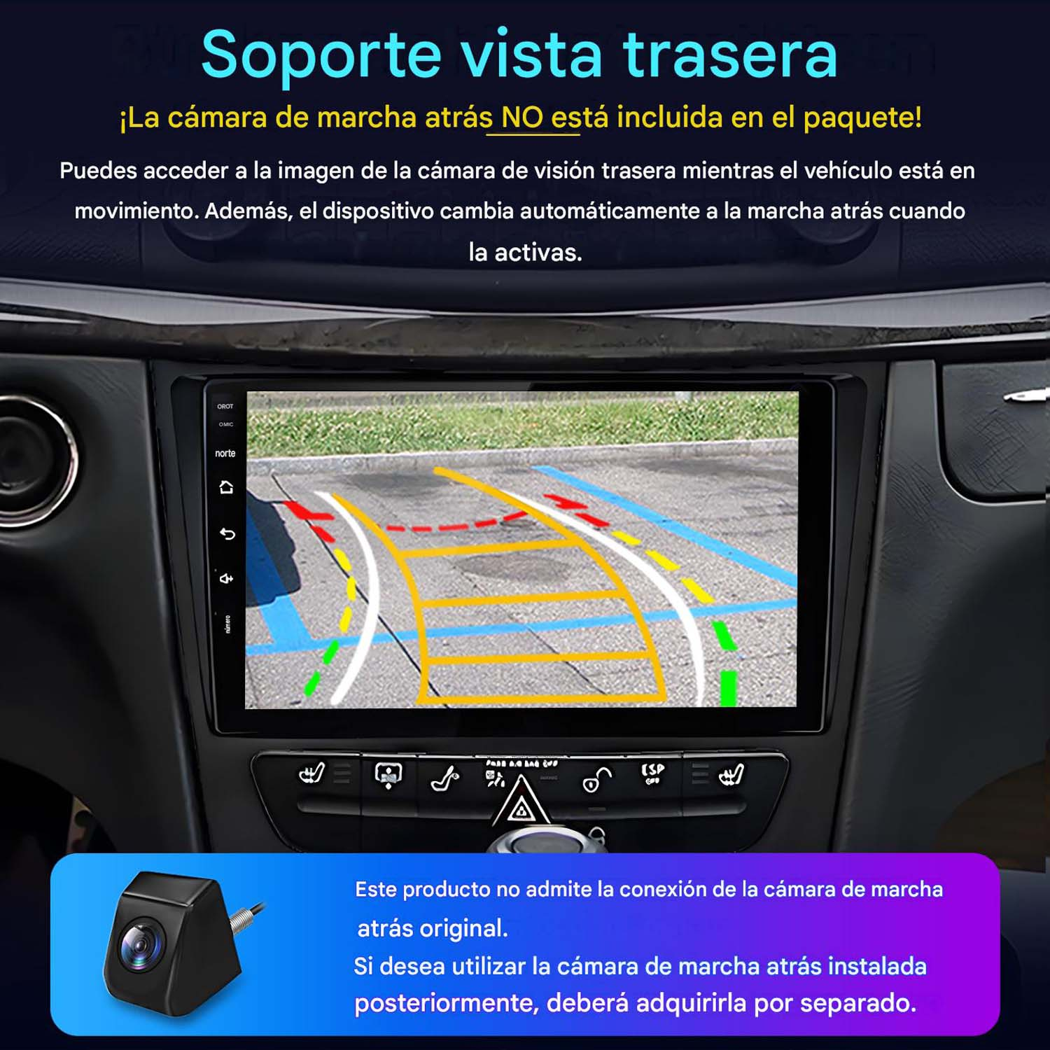 Radio de coche muestra vista trasera con guías. Se muestra cámara aparte.